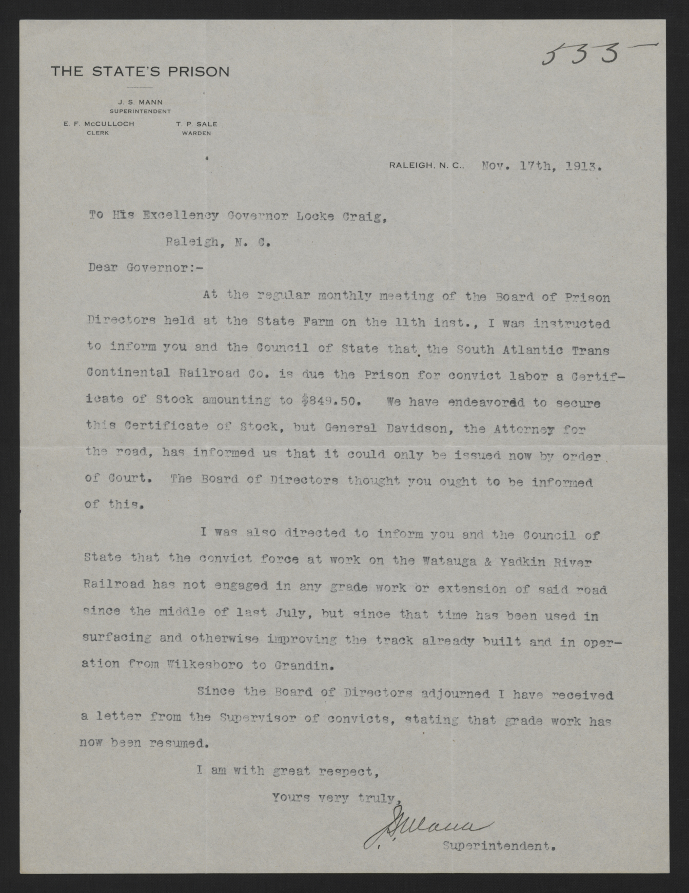 Letter from Mann to Craig, November 17, 1913
