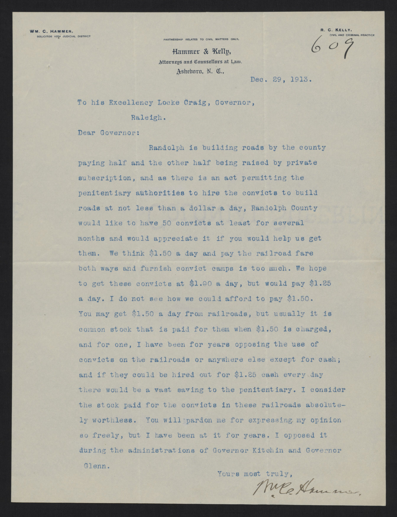 Letter from Hammer to Craig, December 29, 1913