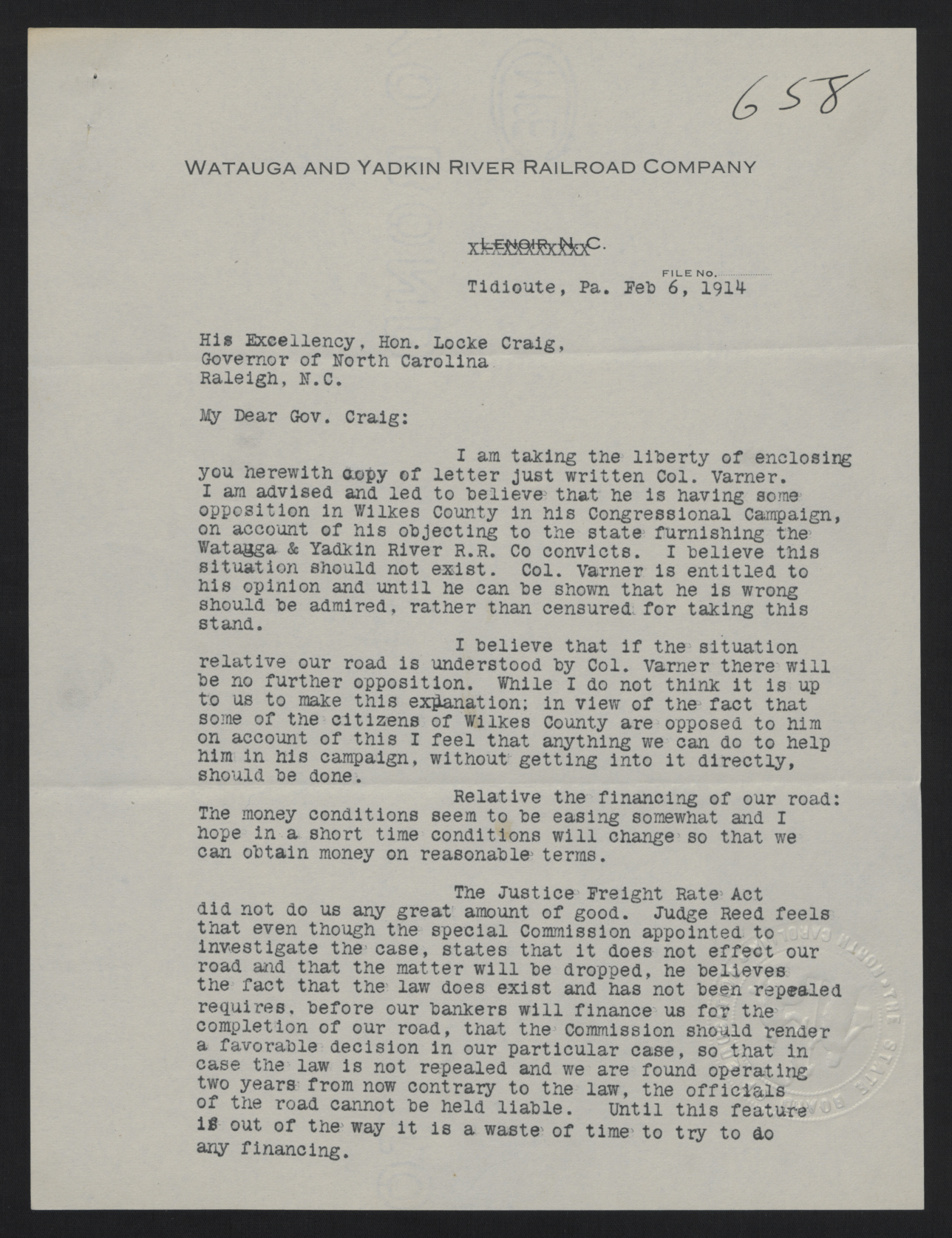Letter from Grandin to Craig, February 6, 1914, page 1