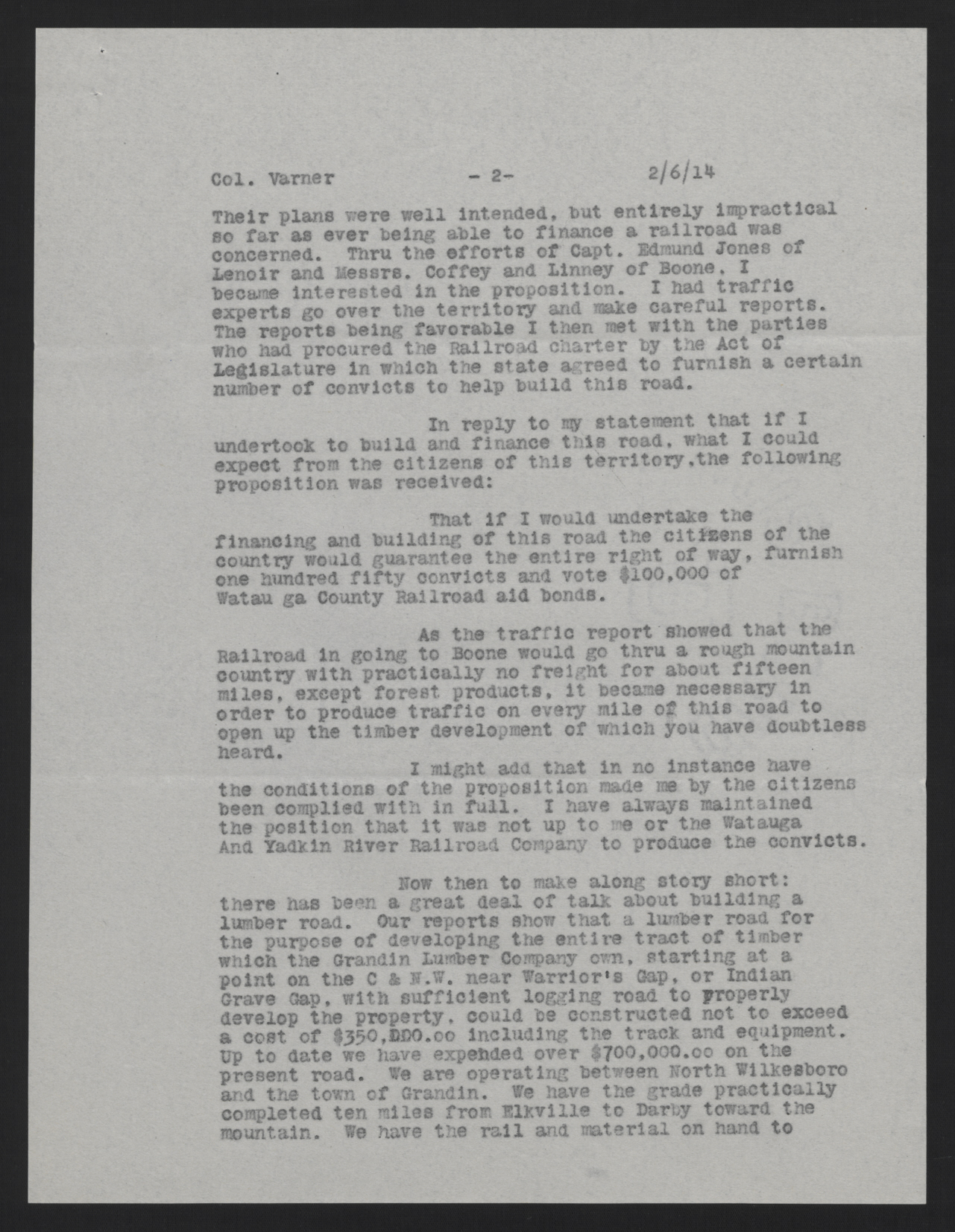 Letter from Grandin to Varner, February 6, 1914, page 2
