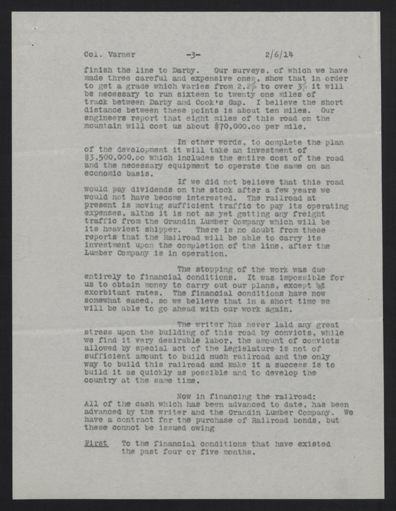 Letter from Grandin to Varner, February 6, 1914, page 3