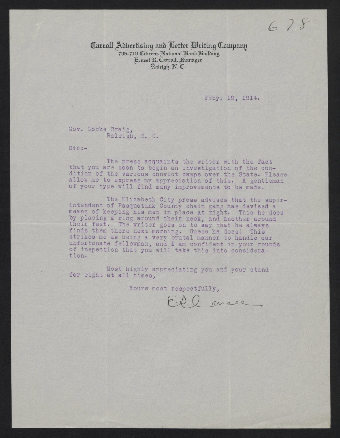 Letter from Carroll to Craig, February 19, 1914