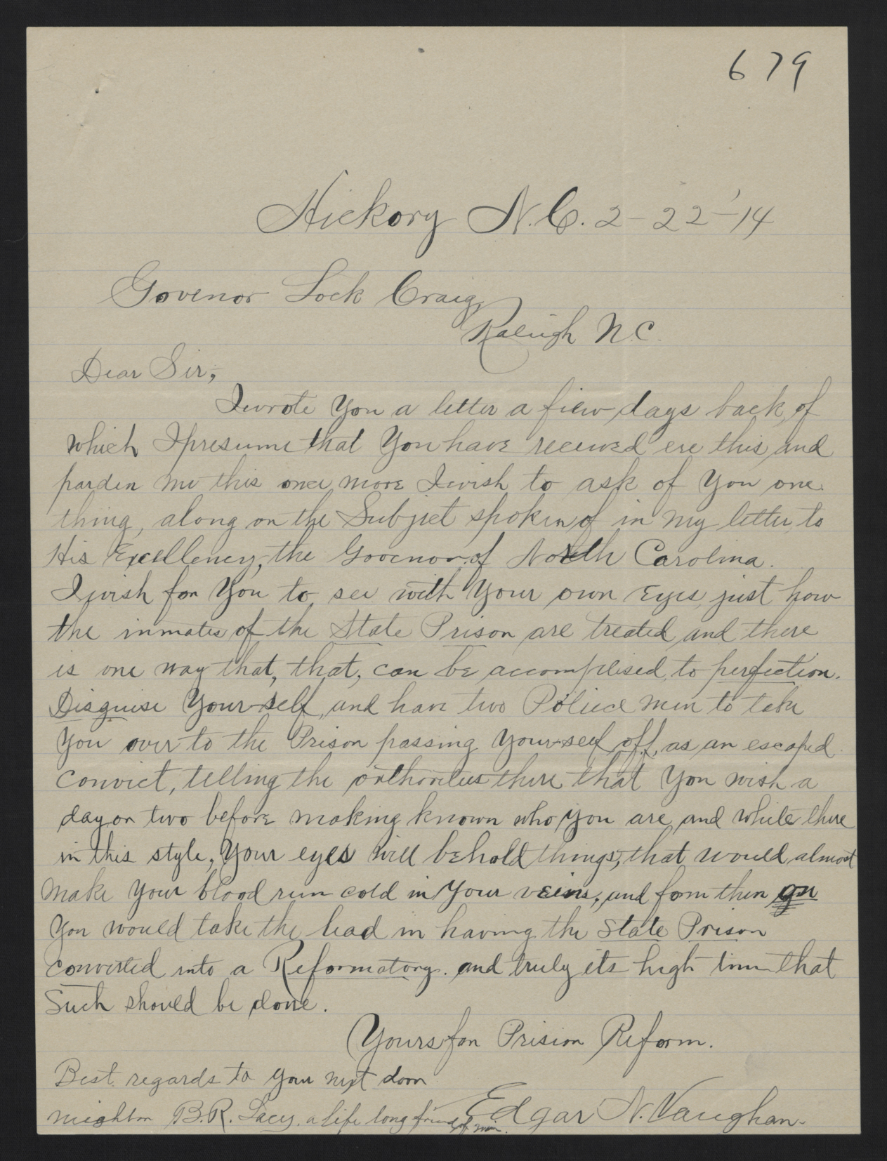 Letter from Vaughan to Craig, February 22, 1914