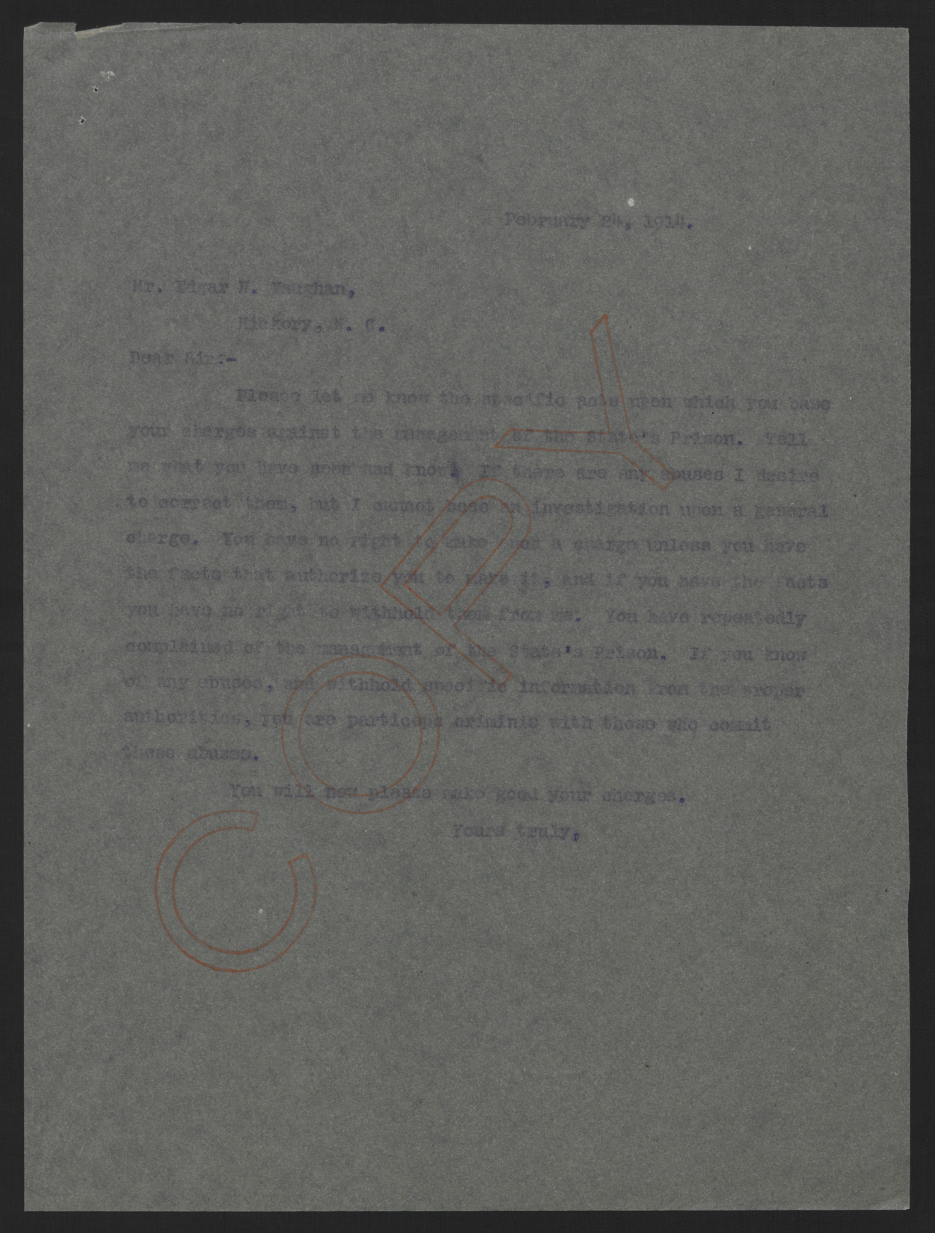 Letter from Craig to Vaughan, February 24, 1914