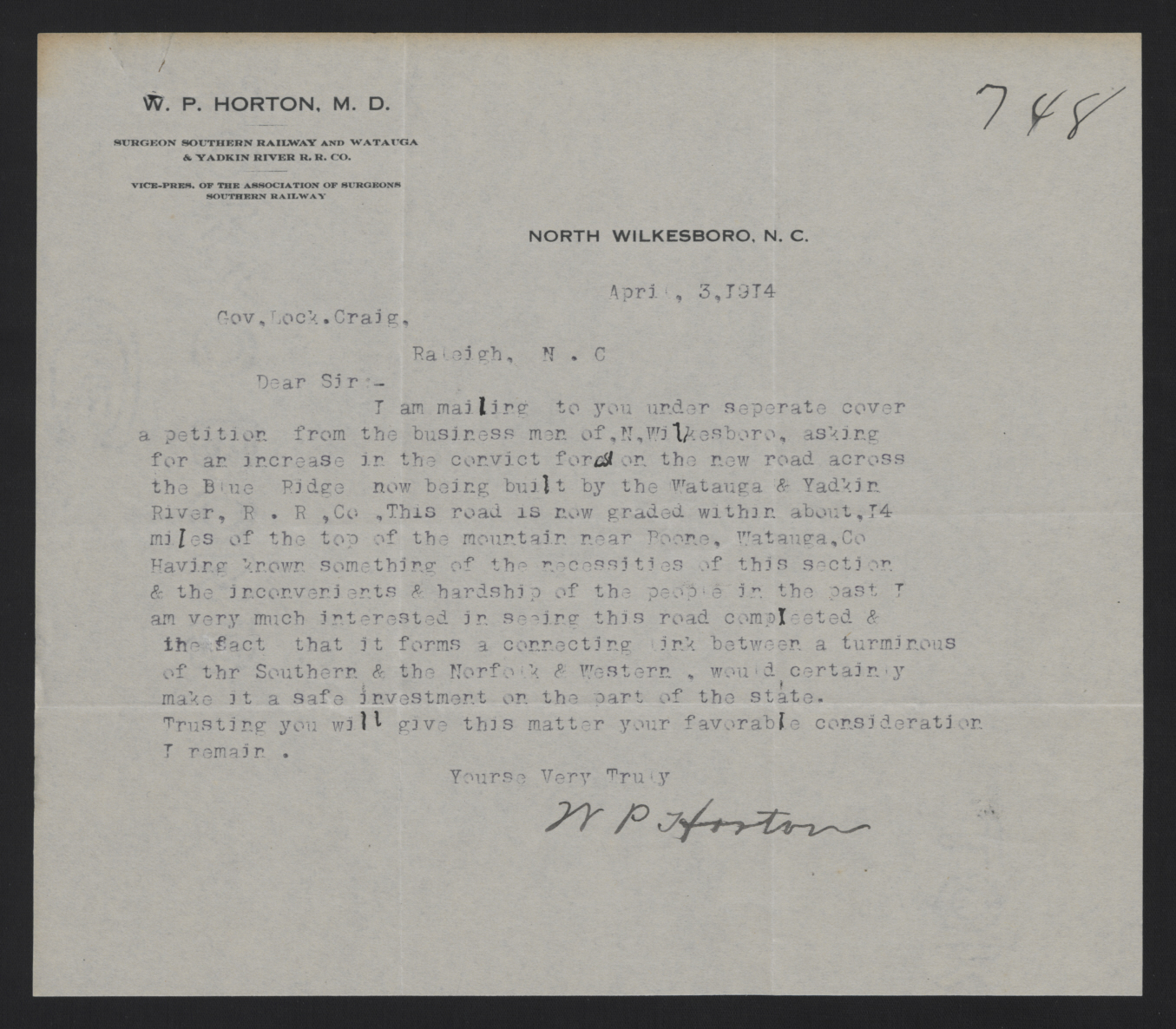 Letter from Horton to Craig, April 3, 1914