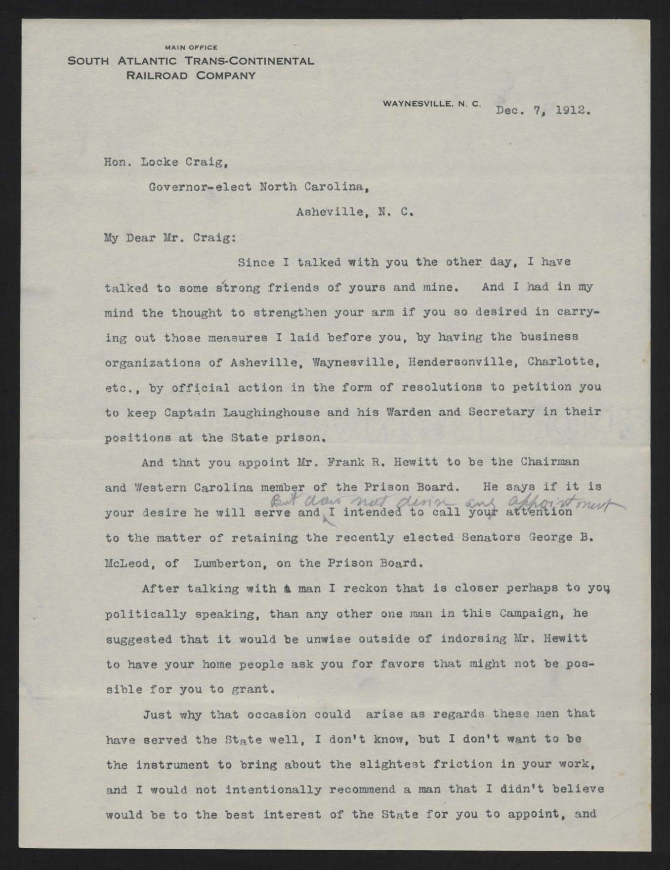 Letter from Jones to Craig, December 7, 1912, page 1