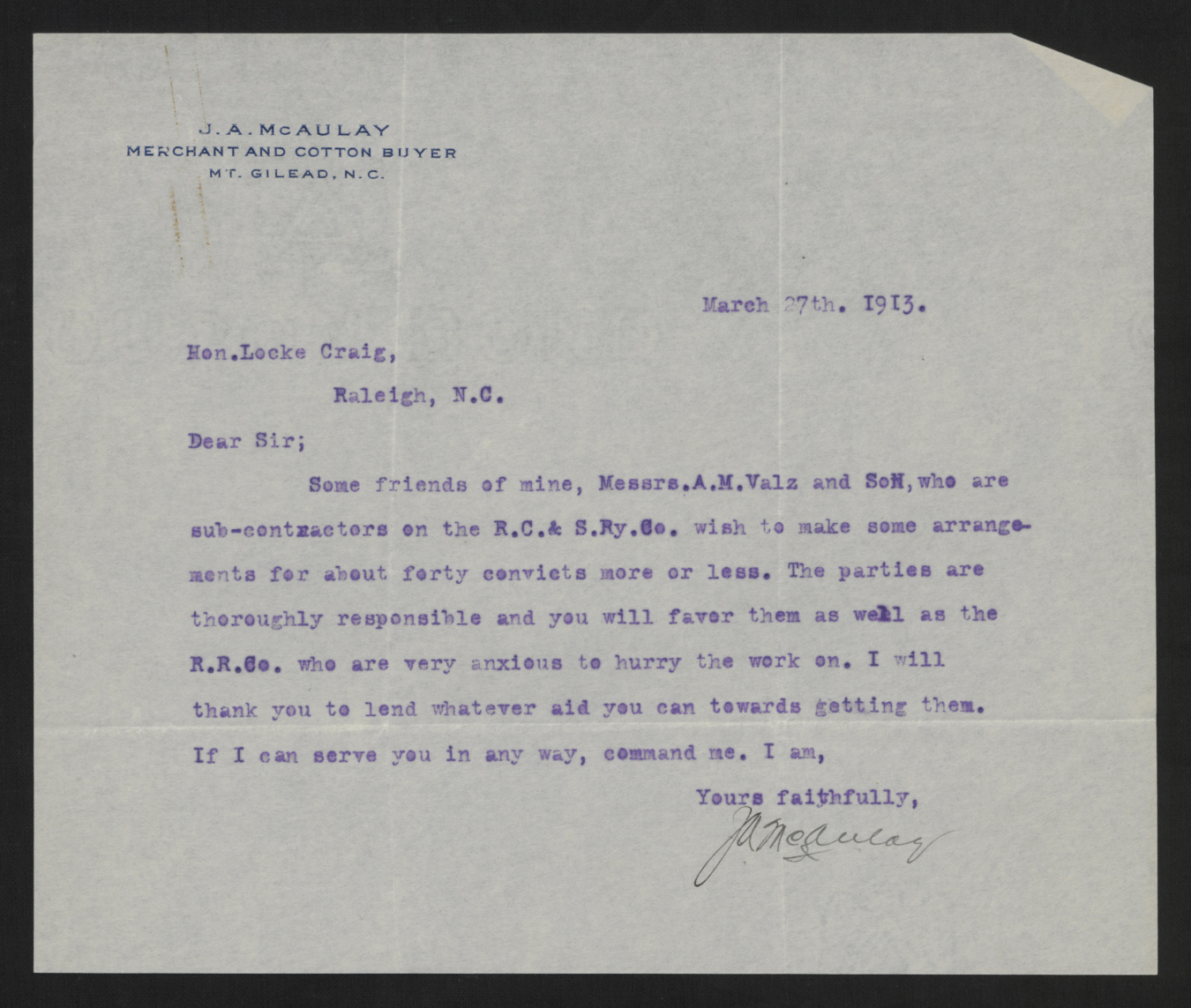 Letter from McAulay to Craig, March 27, 1913