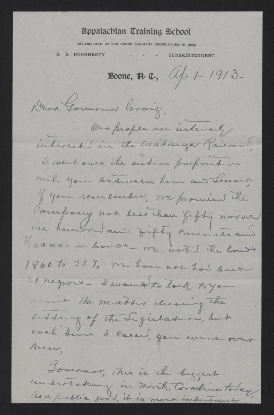 Letter from Dougherty to Craig, April 1, 1913, page 1