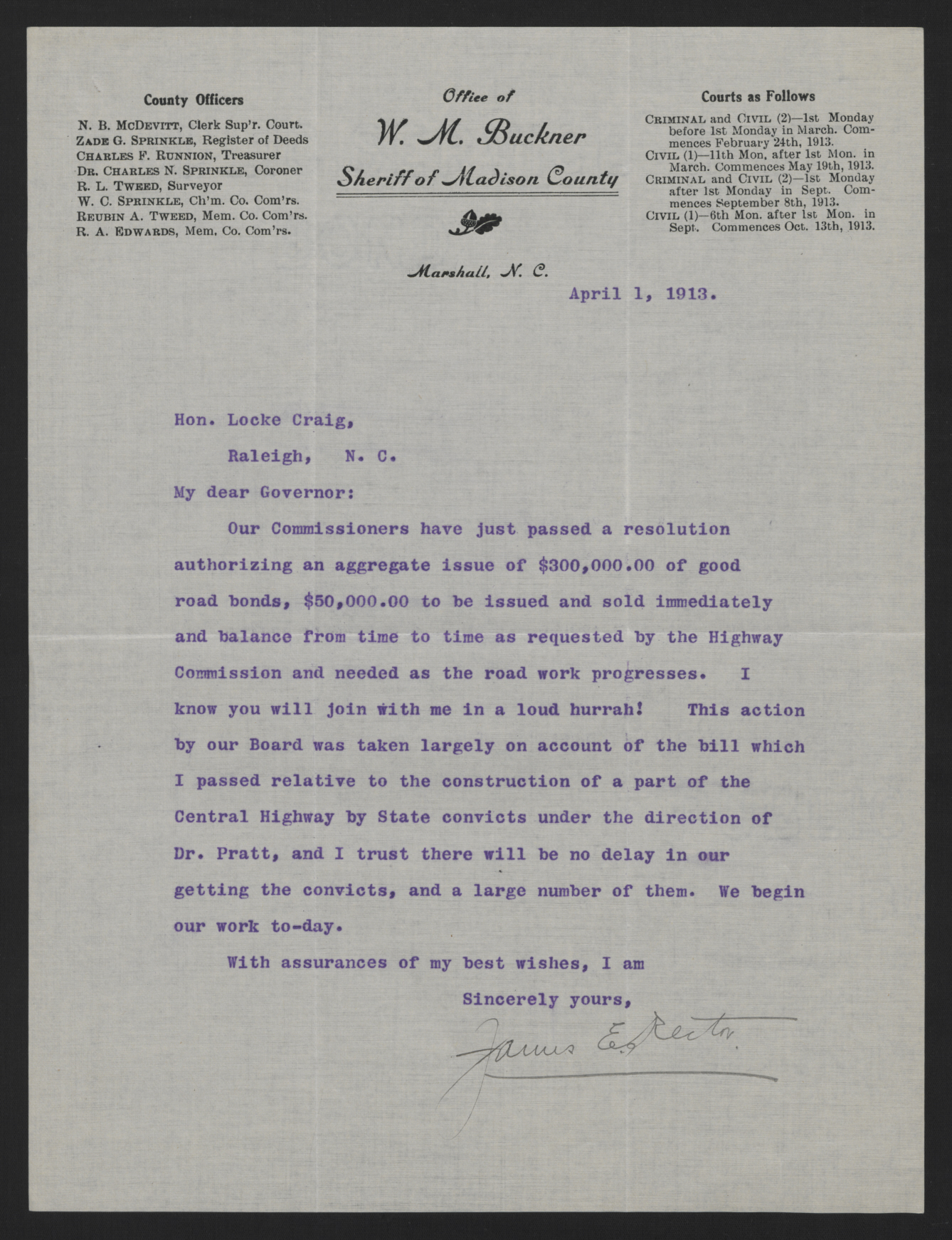 Letter from Rector to Craig, April 1, 1913