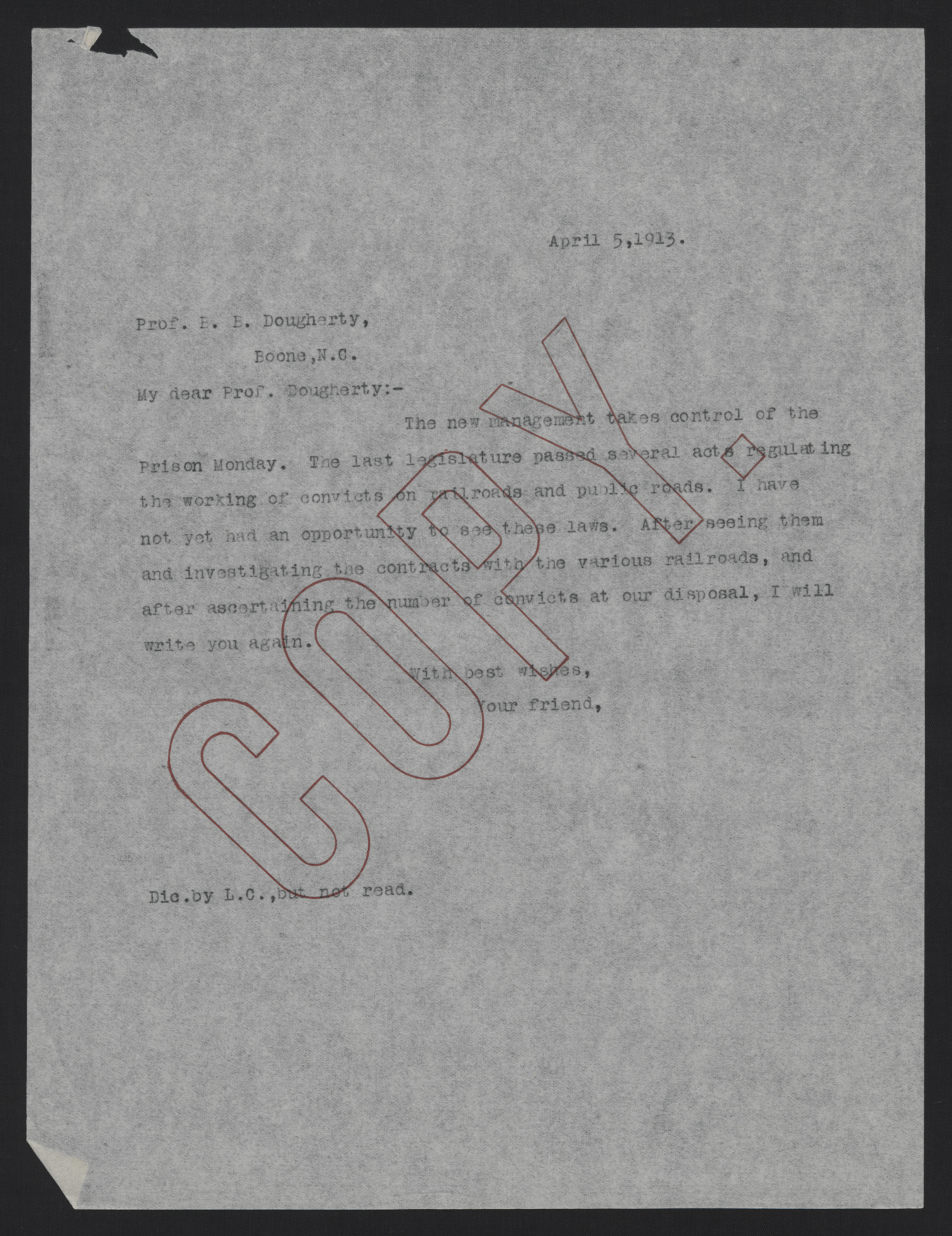 Letter from Craig to Dougherty, April 5, 1913