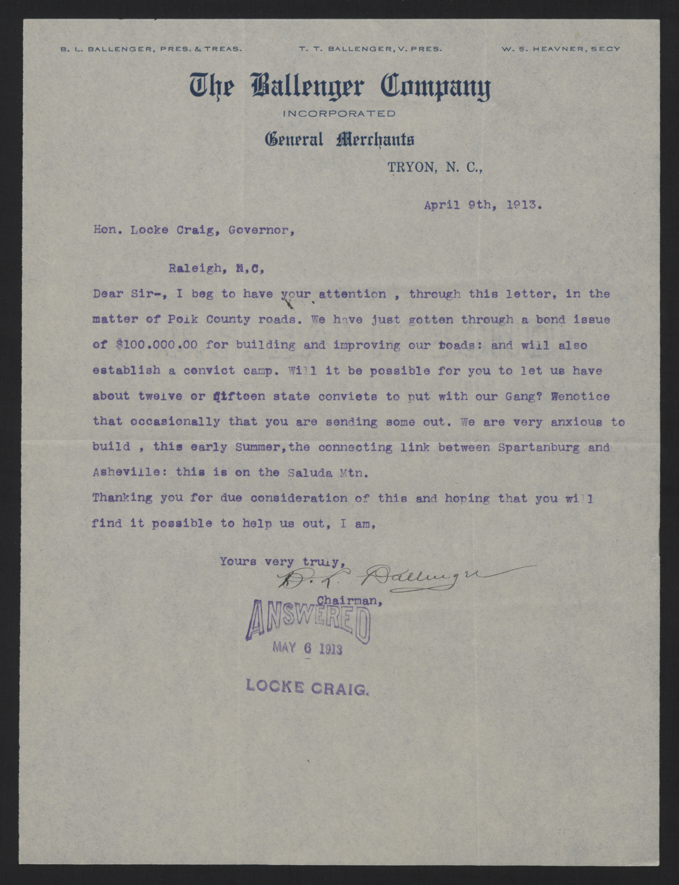 Letter from Ballenger to Craig, April 9, 1913