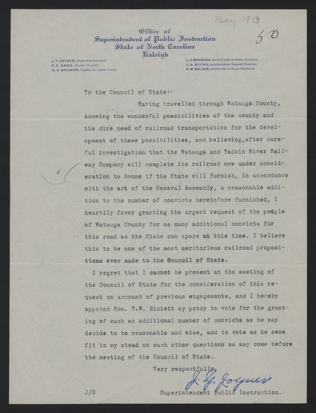 Letter from Joyner to the Council of State, May 1913