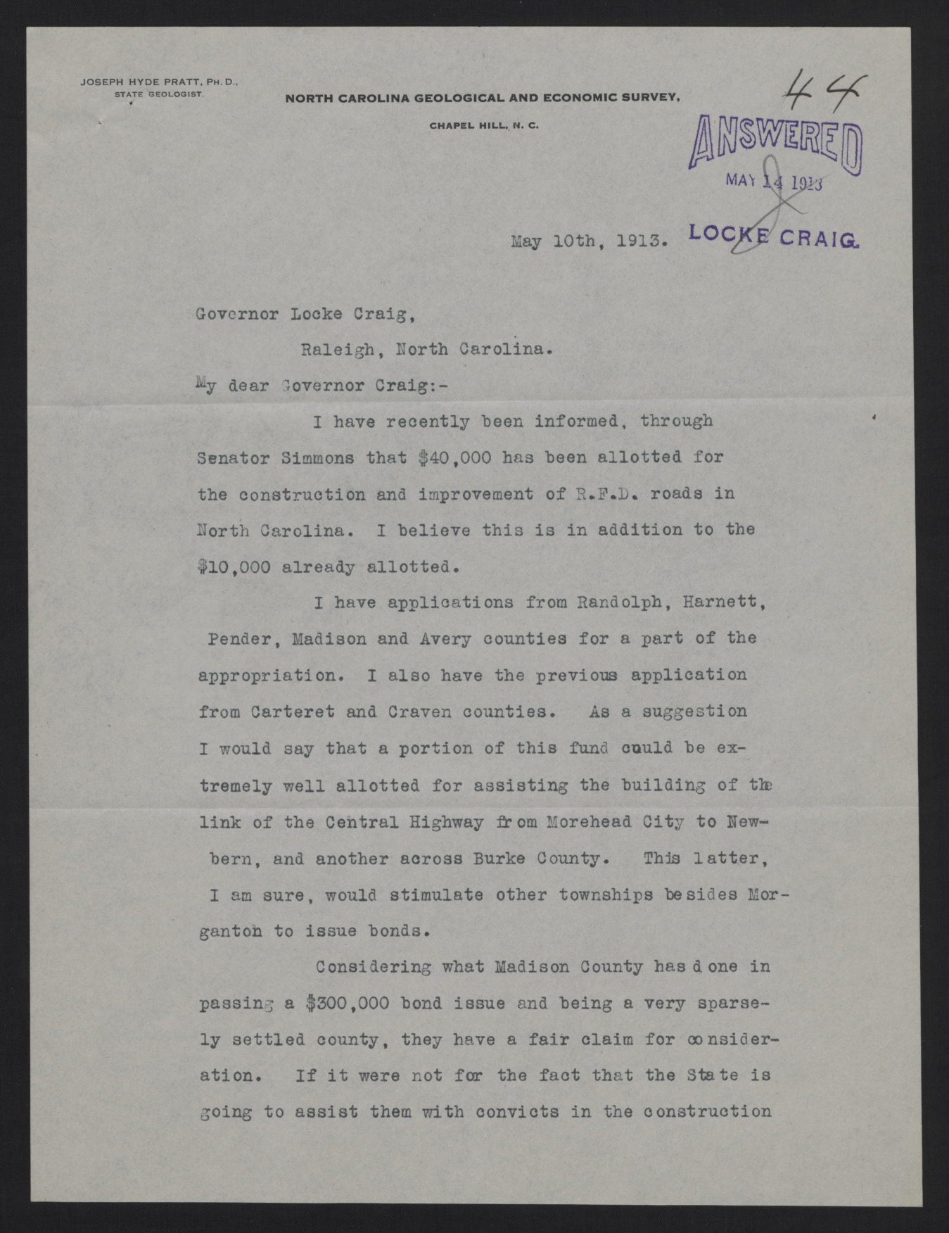 Letter from Pratt to Craig, May 10, 1913, page 1
