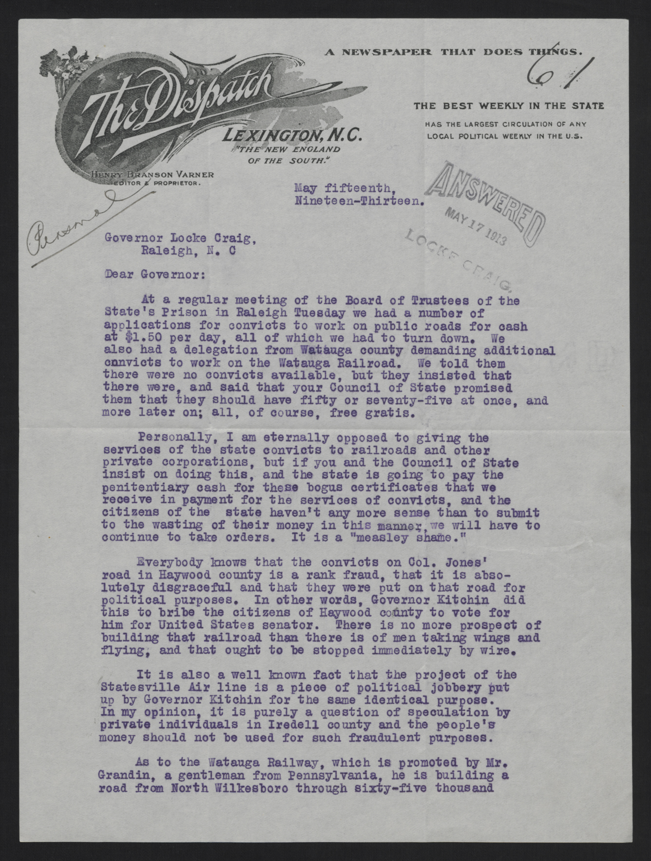 Letter from Varner to Craig, May 15, 1913, page 1