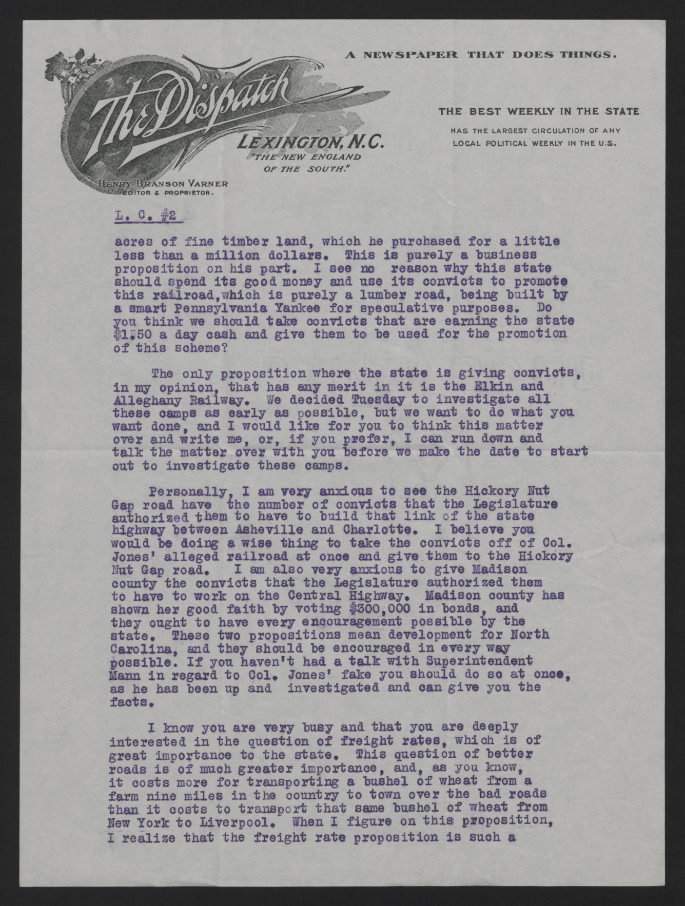 Letter from Varner to Craig, May 15, 1913, page 2