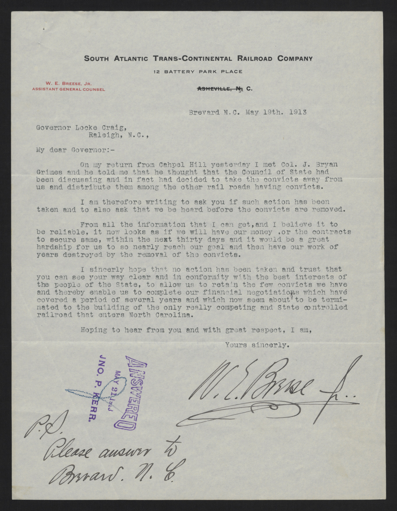 Letter from Breese to Craig, May 19, 1913