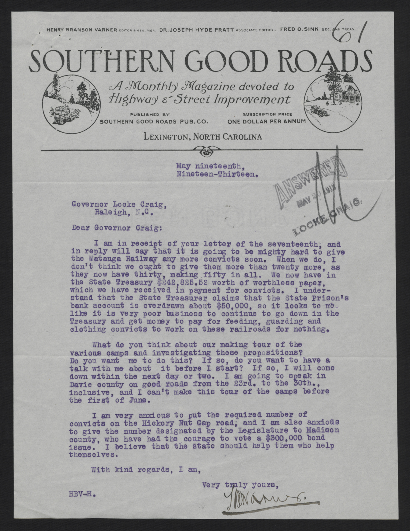 Letter from Varner to Craig, May 19, 1913