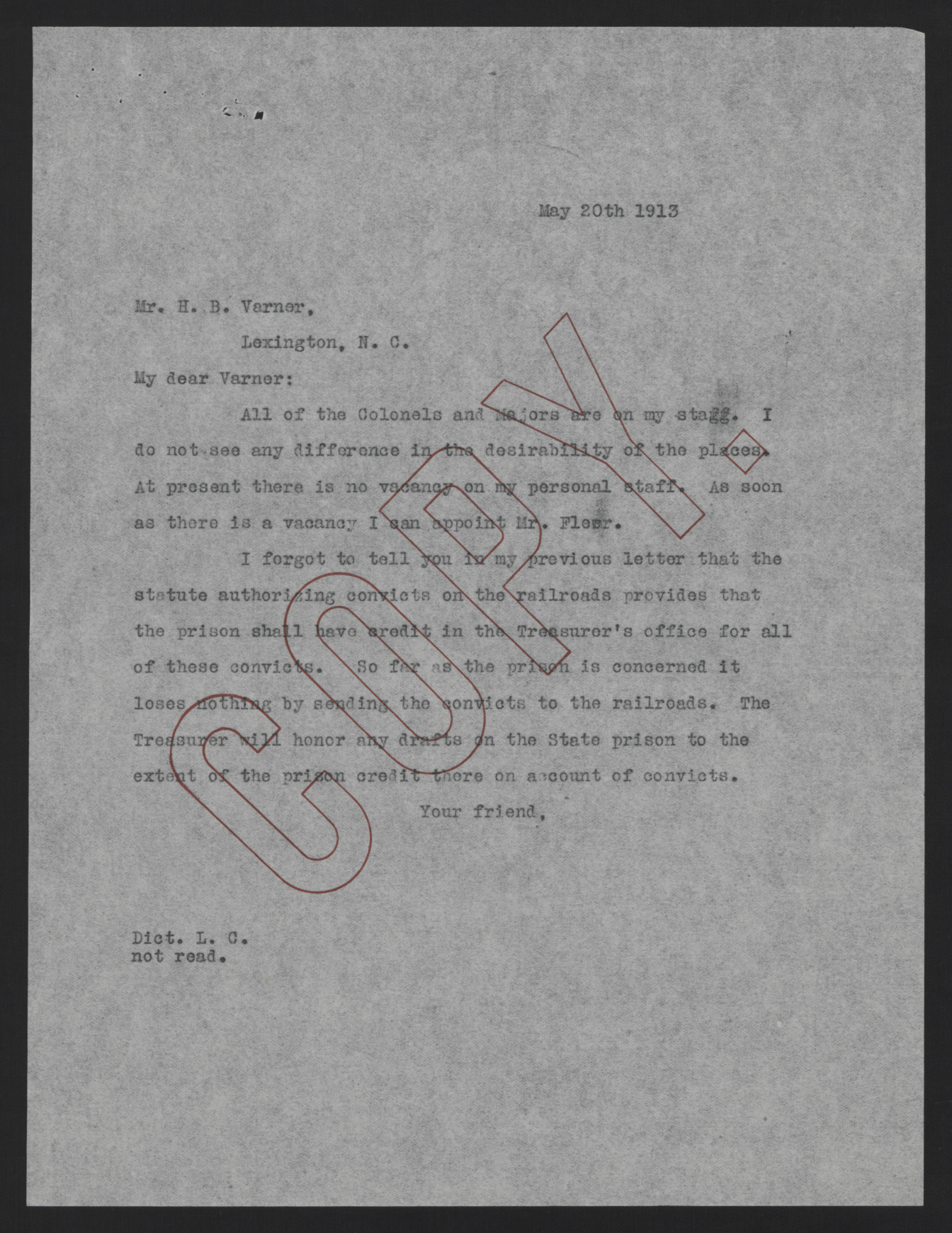 Letter from Craig to Varner, May 20, 1913