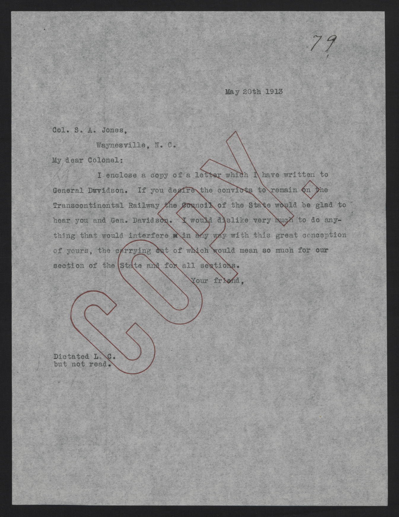 Letter from Craig to Jones, May 20, 1913