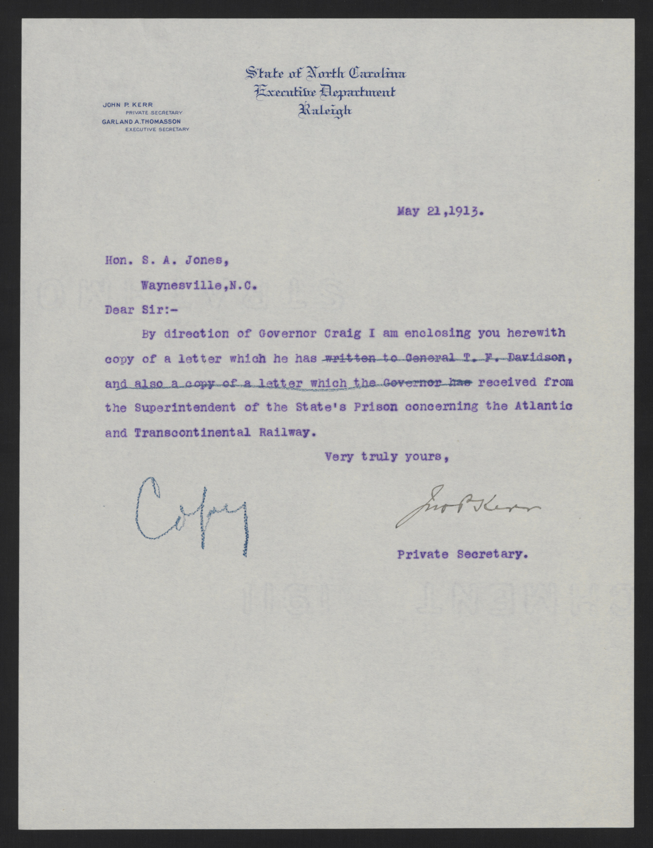 Letter from Kerr to Jones, May 21, 1913