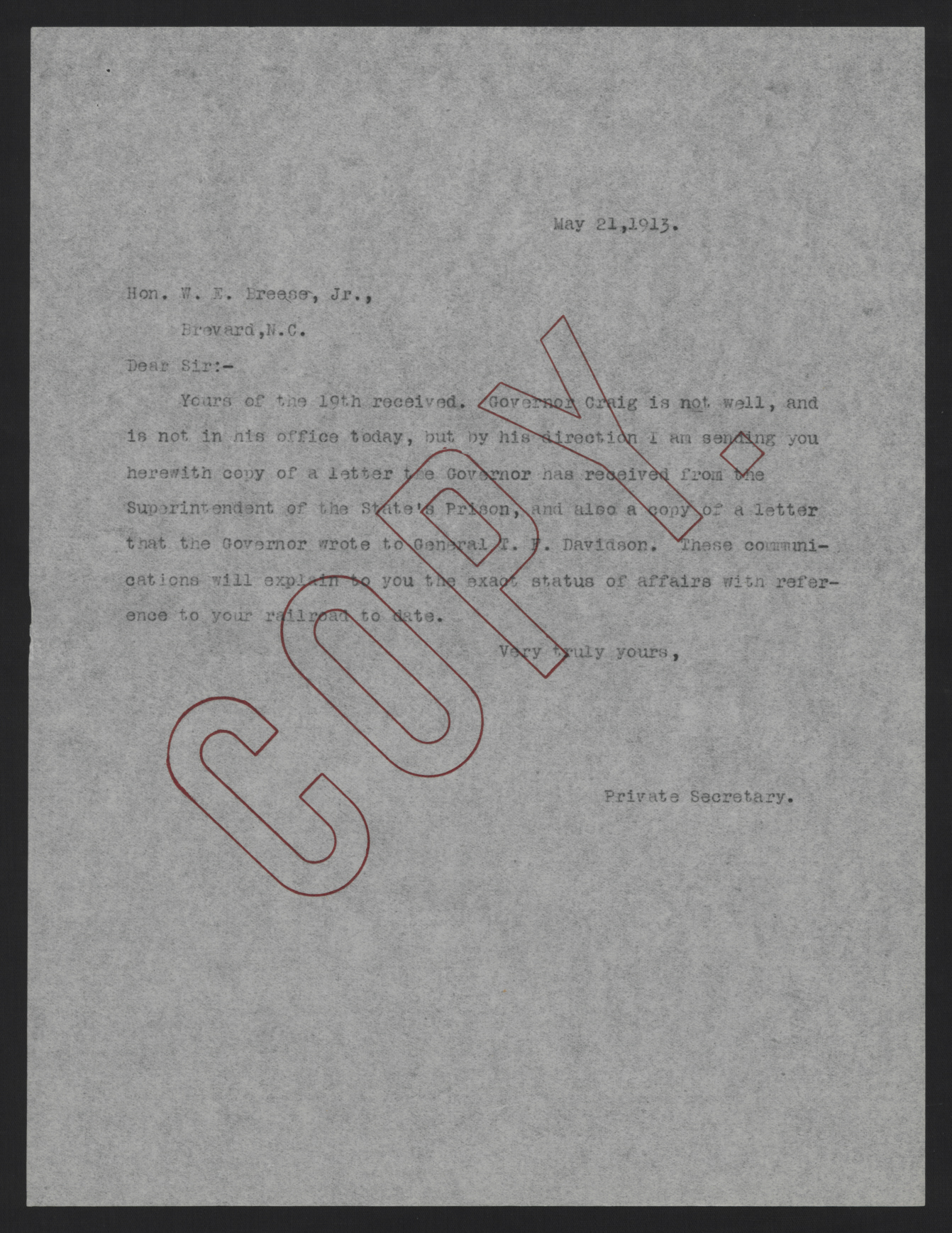 Letter from Kerr to Breese, May 21, 1913