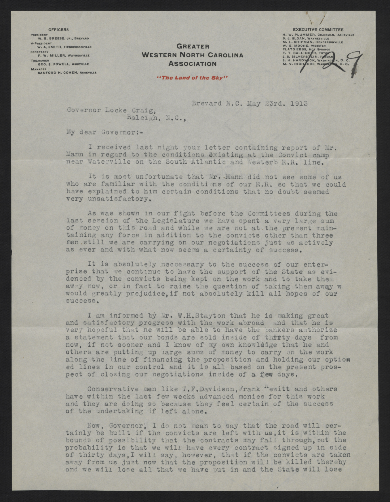 Letter from Breese to Craig, May 23, 1913, page 1