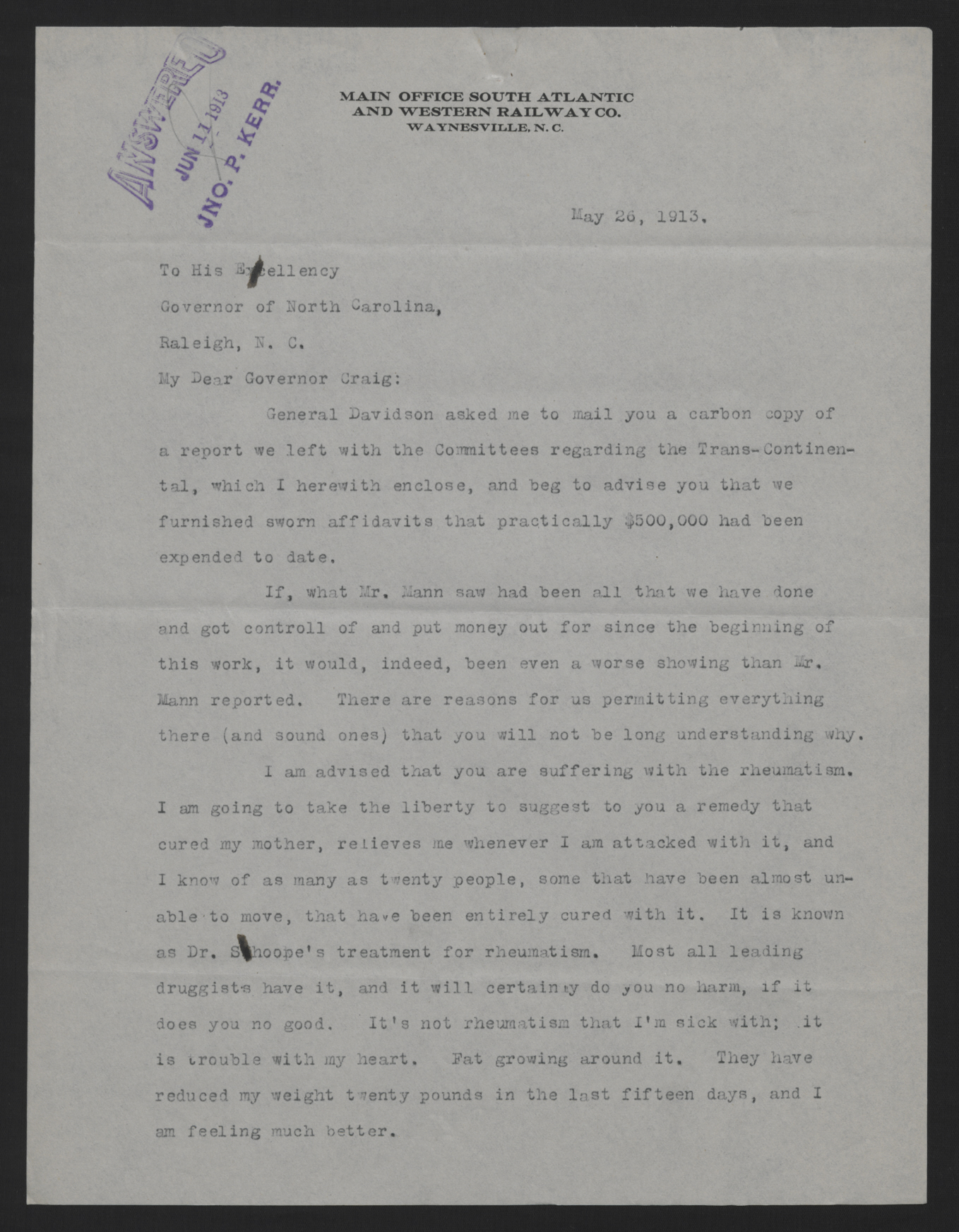Letter from Jones to Craig, May 23, 1913, page 1