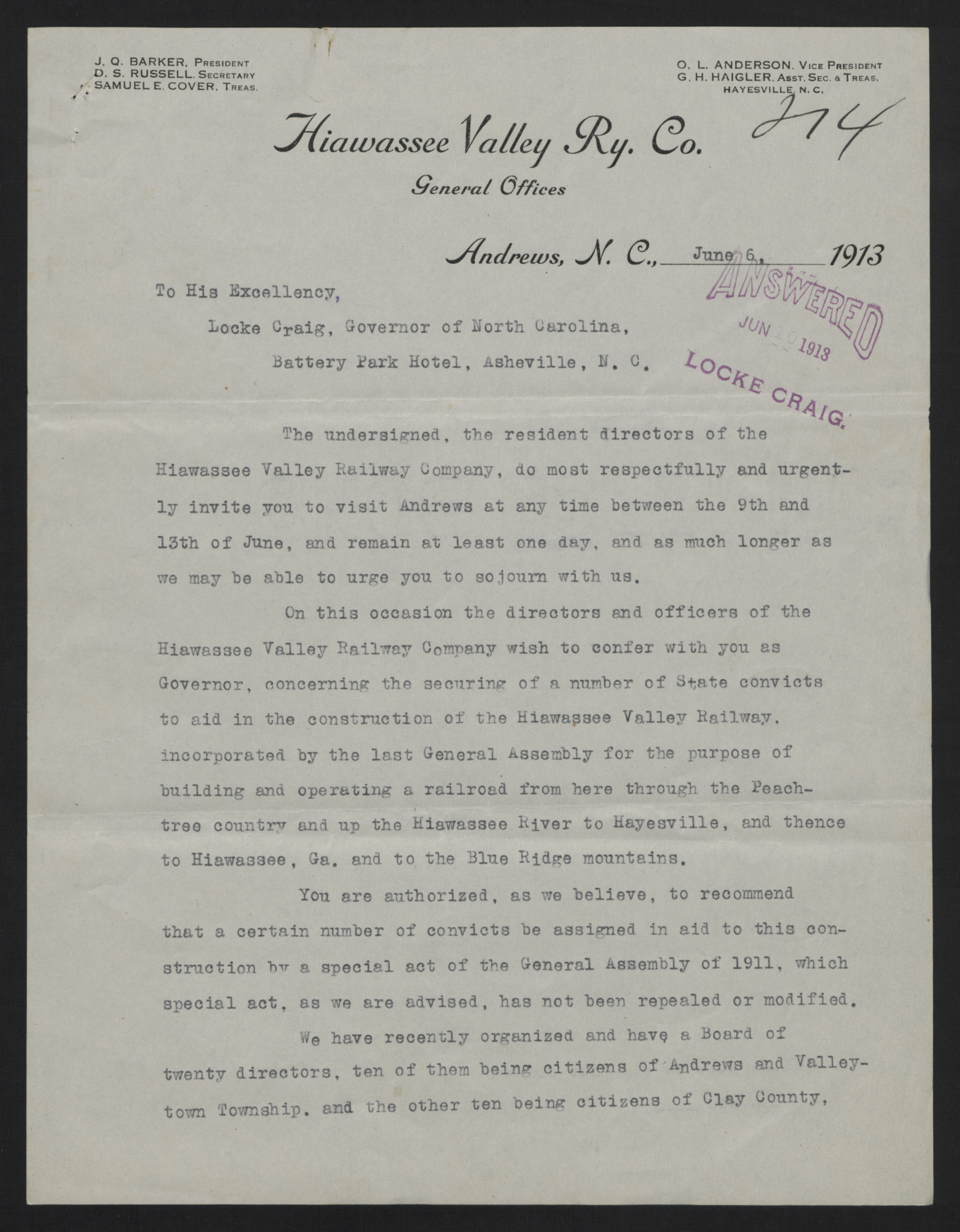 Letter from the Directors of the Hiawassee Valley Railway Company to Locke Craig, 6 June 1913, page 1