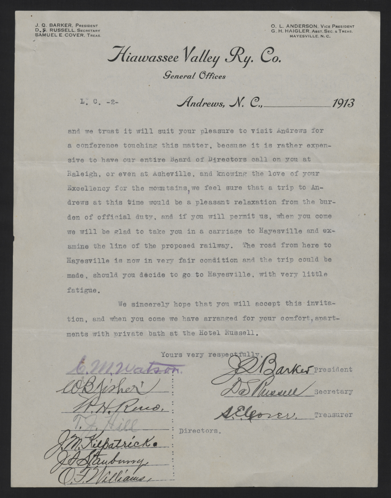 Letter from the Directors of the Hiawassee Valley Railway Company to Locke Craig, 6 June 1913, page 2