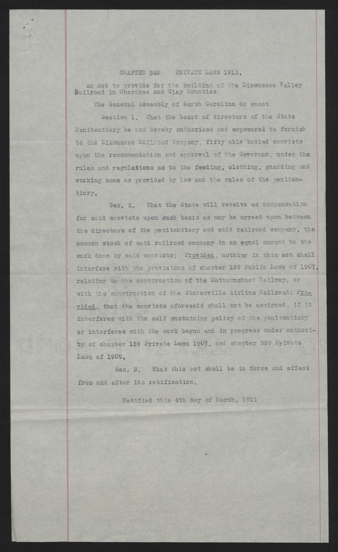 An Act to Provide for the Building of the Hiawassee Valley Railroad in Cherokee and Clay Counties, March 4, 1911