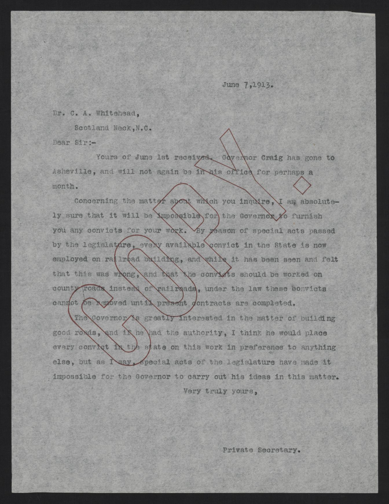 Letter from Kerr to Whitehead, June 7, 1913