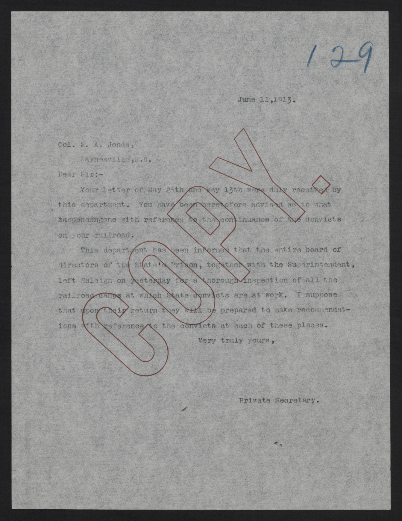 Letter from Kerr to Jones, June 11, 1913