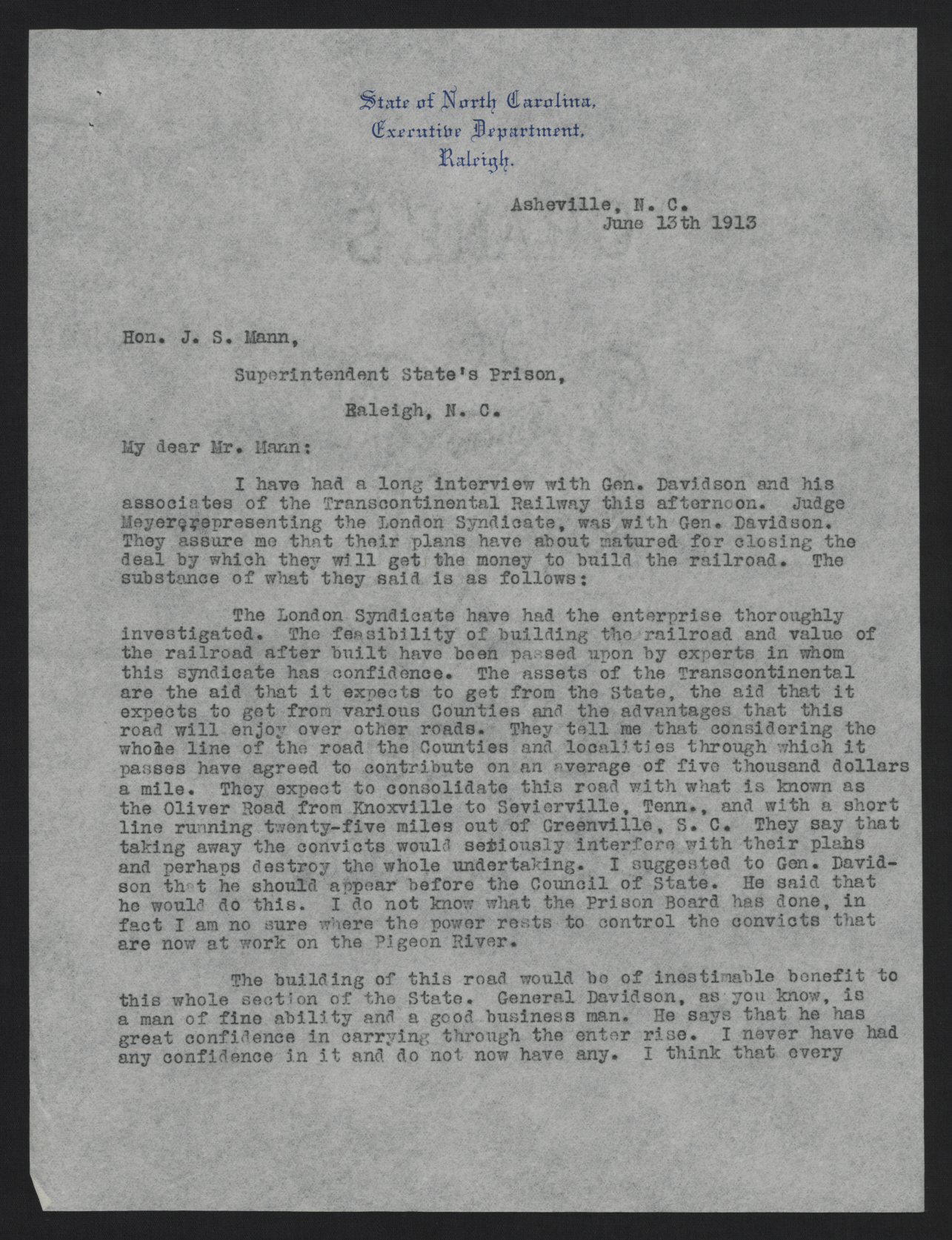 Letter from Craig to Mann, June 13, 1913, page 1