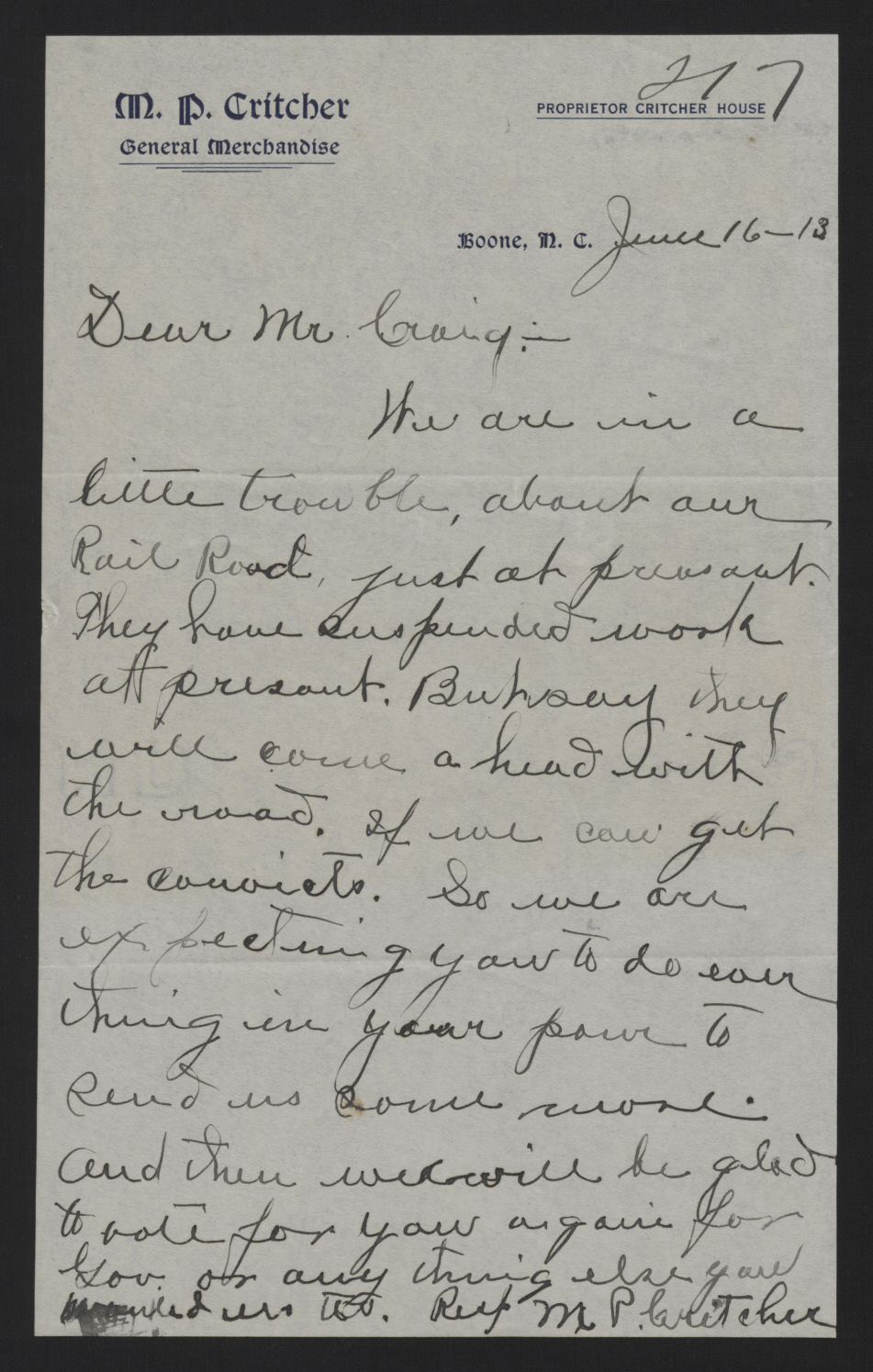 Letter from Critcher to Craig, June 16, 1913