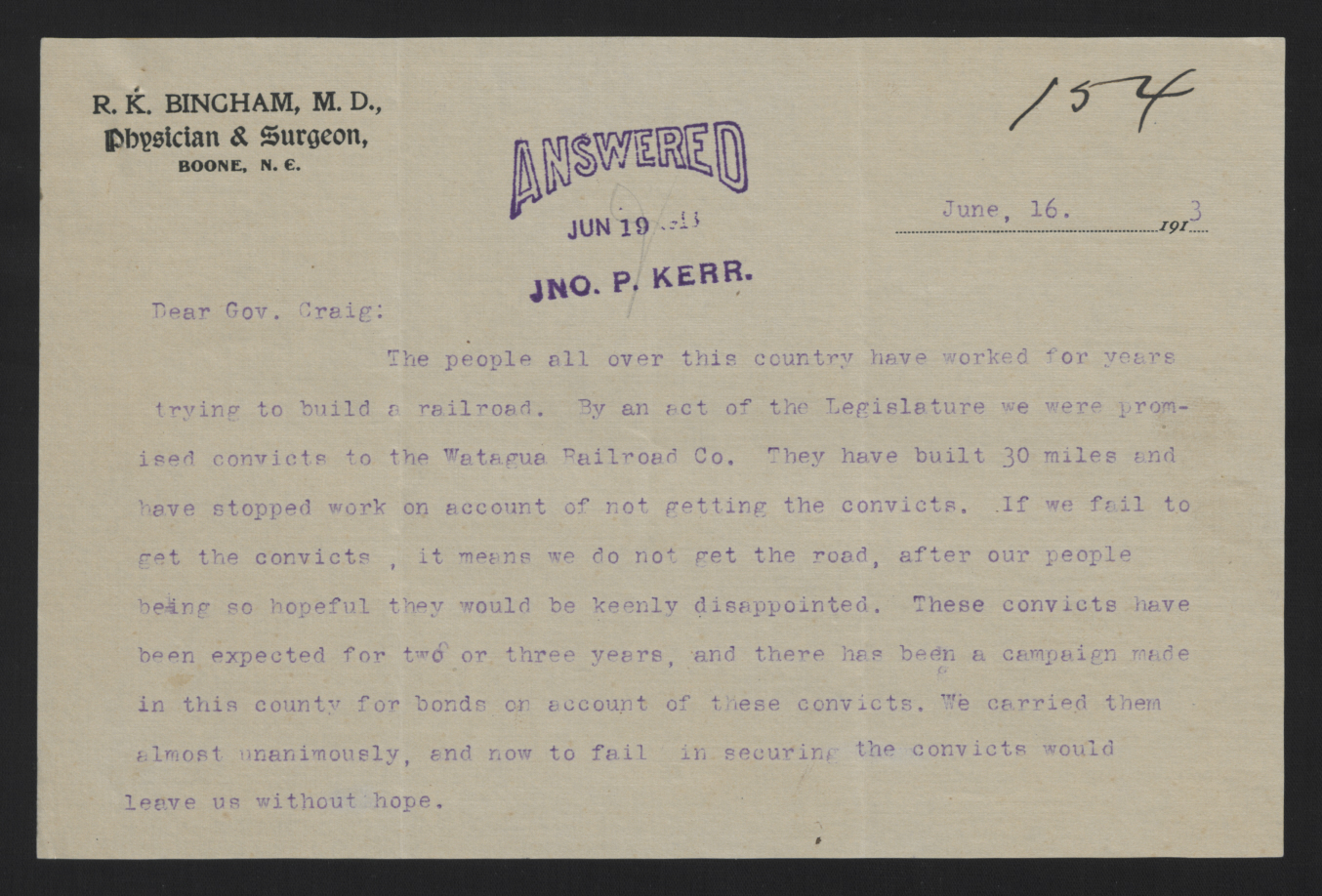 Letter from Bingham to Craig, June 16, 1913, page 1