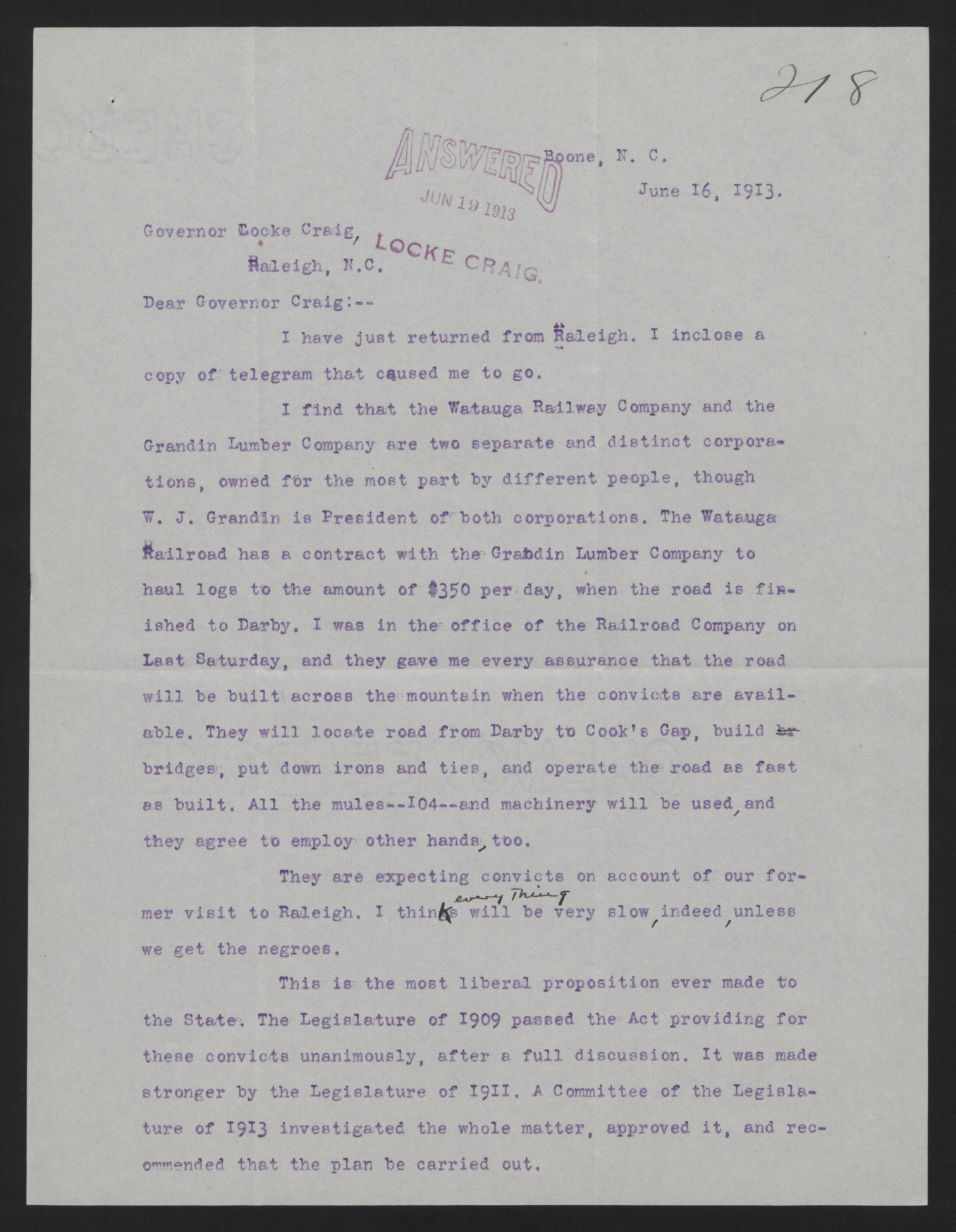 Letter from Dougherty to Craig, June 16, 1913, page 1