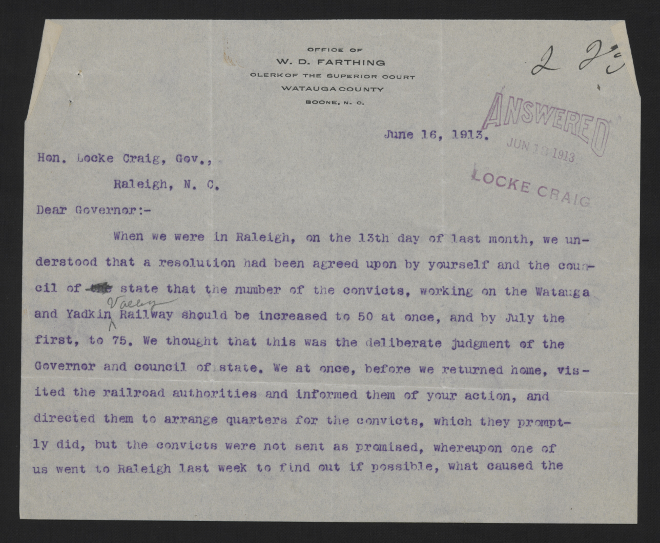 Letter from Lovill to Craig, June 16, 1913, page 1