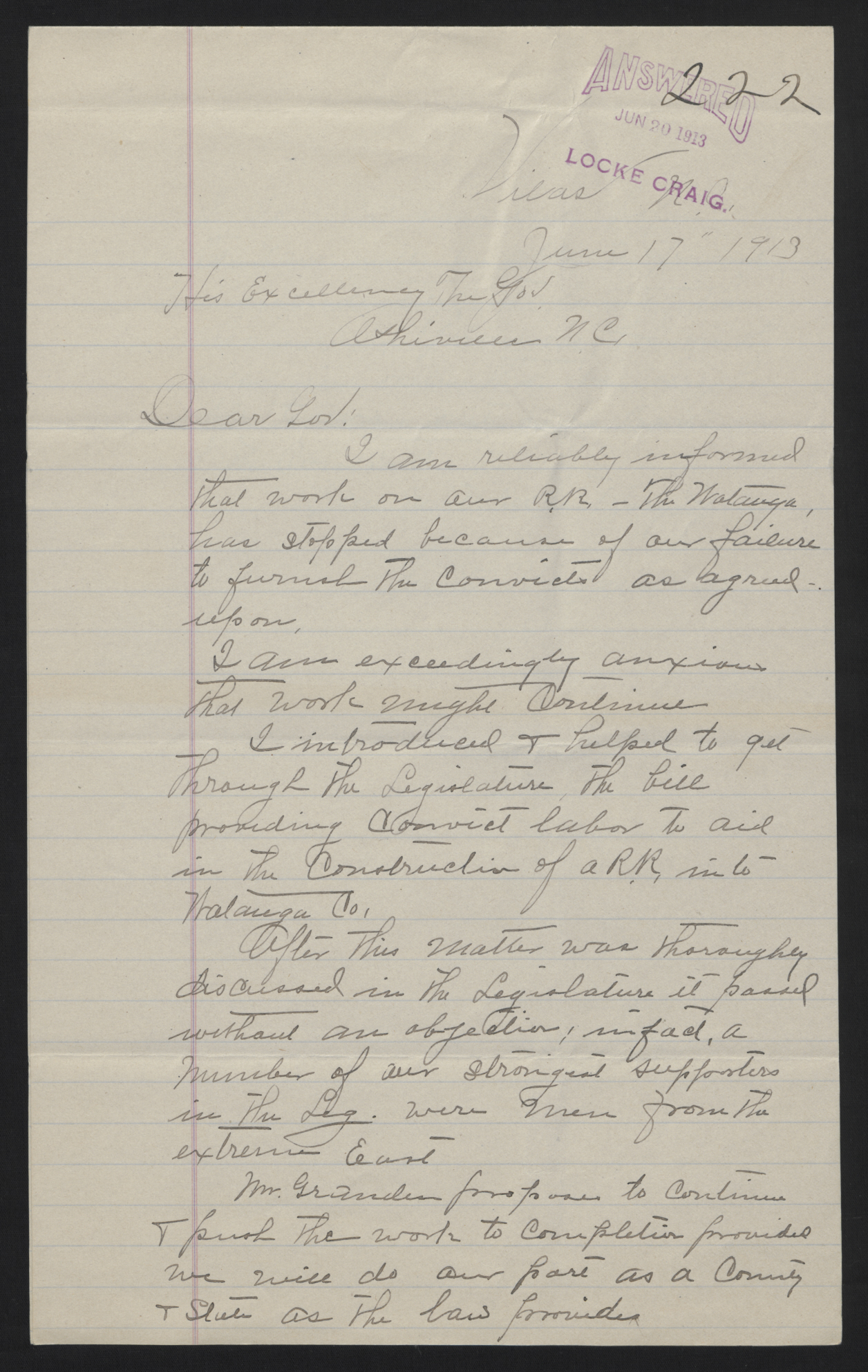 Letter from Hagaman to Craig, June 17, 1913, page 1