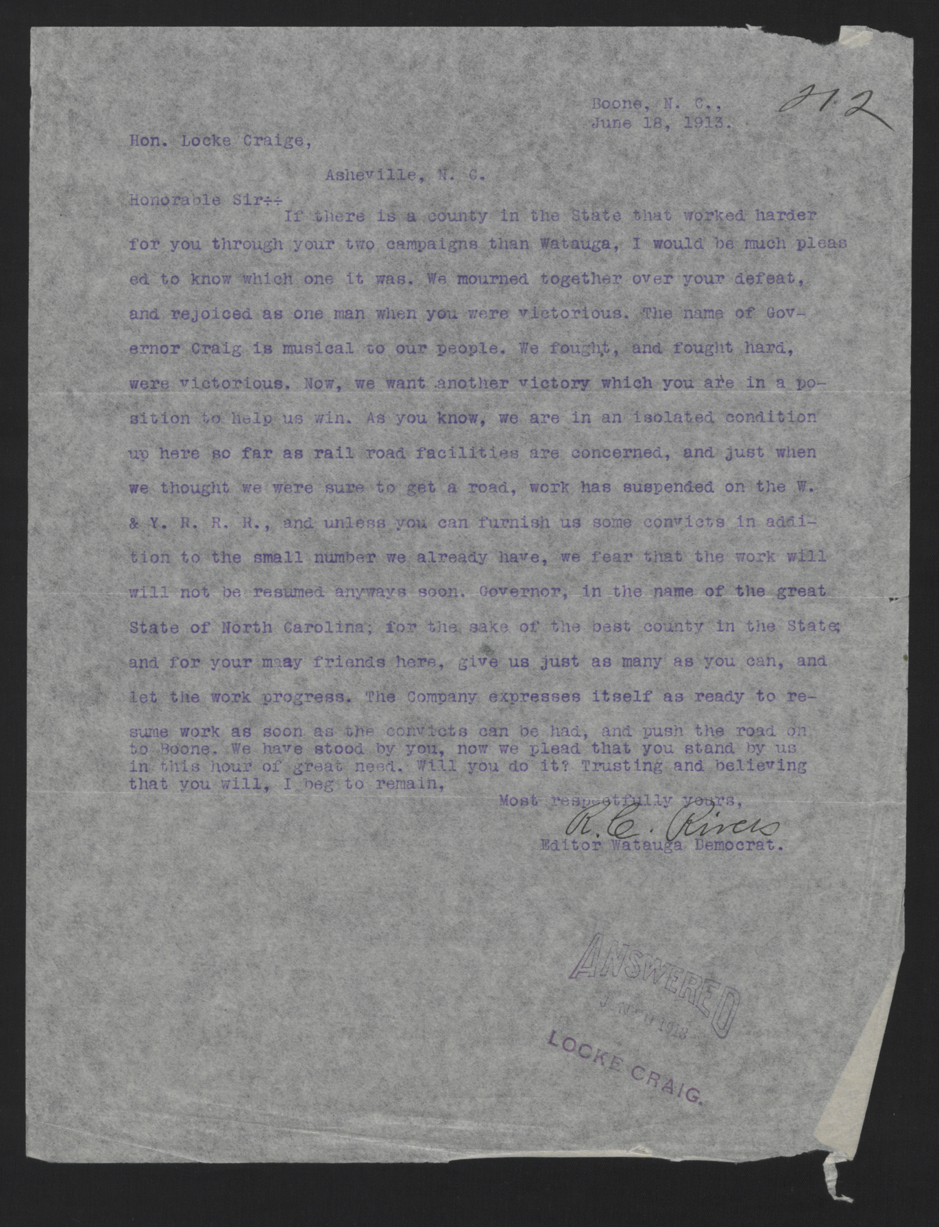 Letter from Rivers to Craig, June 18, 1913