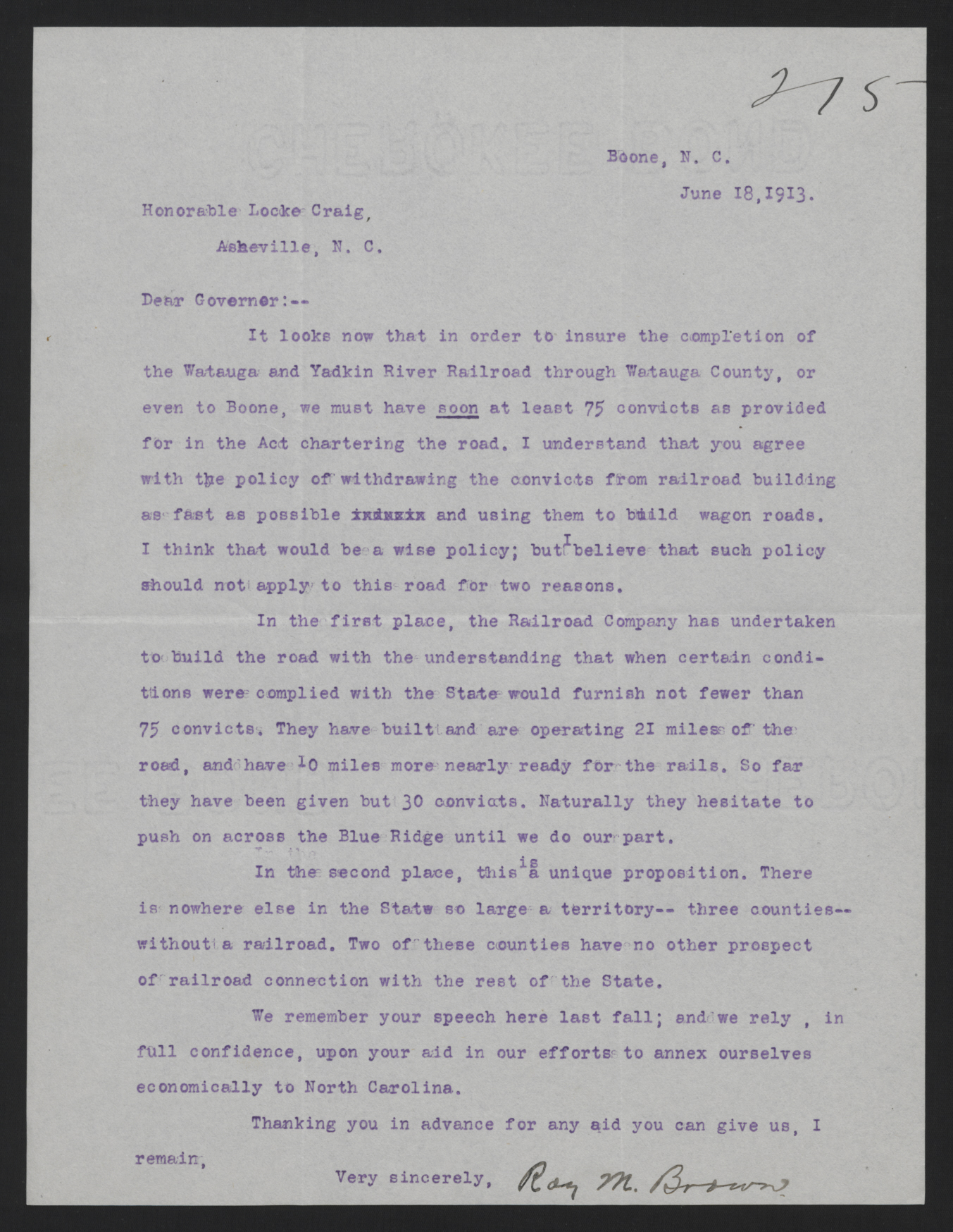 Letter from Brown to Craig, June 18, 1913