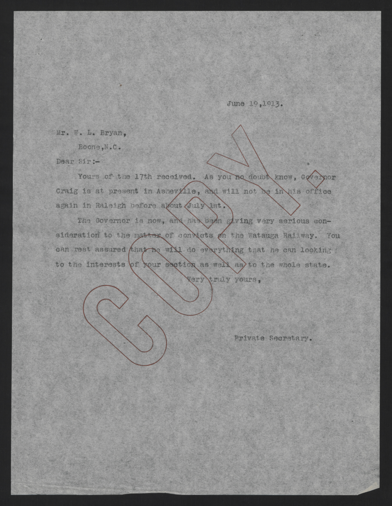 Letter from Kerr to Bryan, June 19, 1913