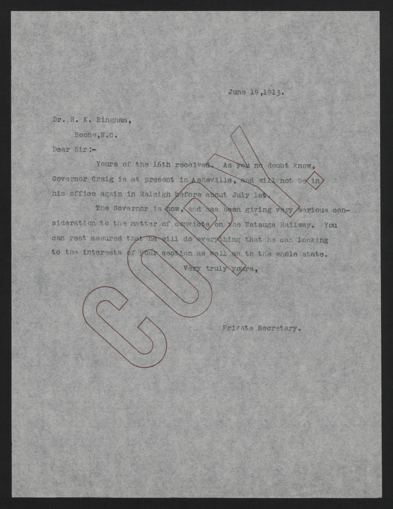 Letter from Kerr to Bingham, June 19, 1913