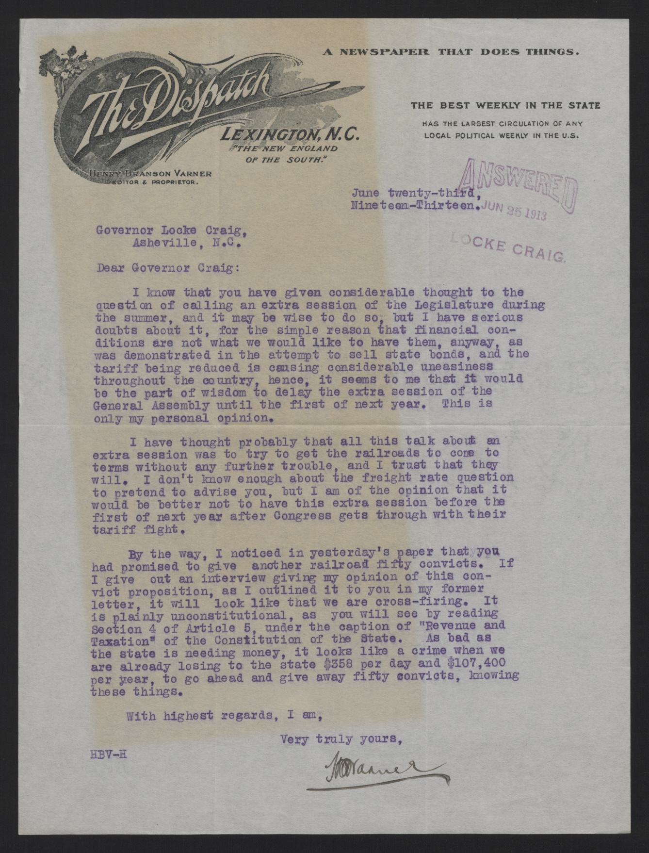 Letter form Varner to Craig, June 23, 1913