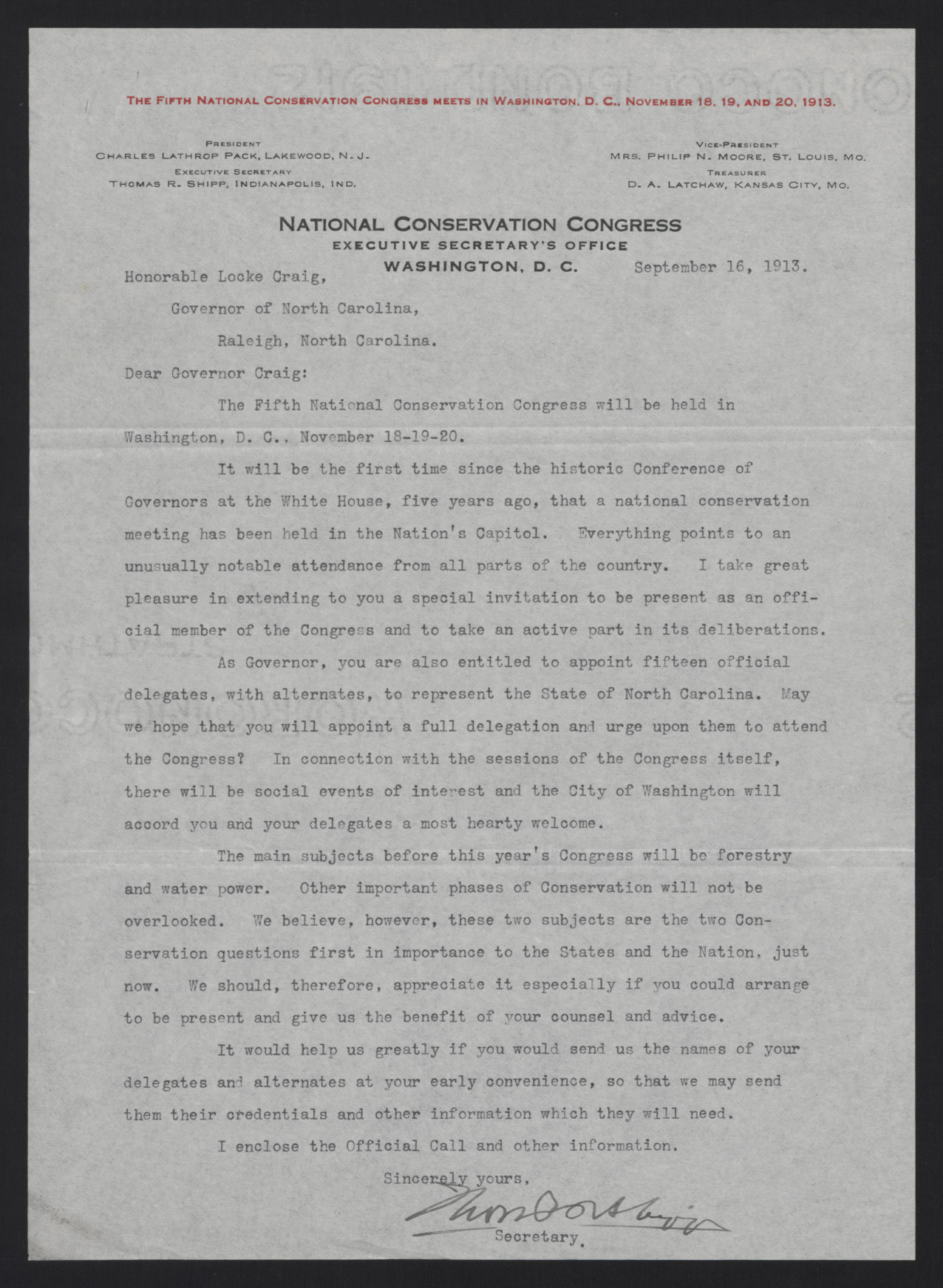 Letter from Shipp to Craig, September 16, 1913