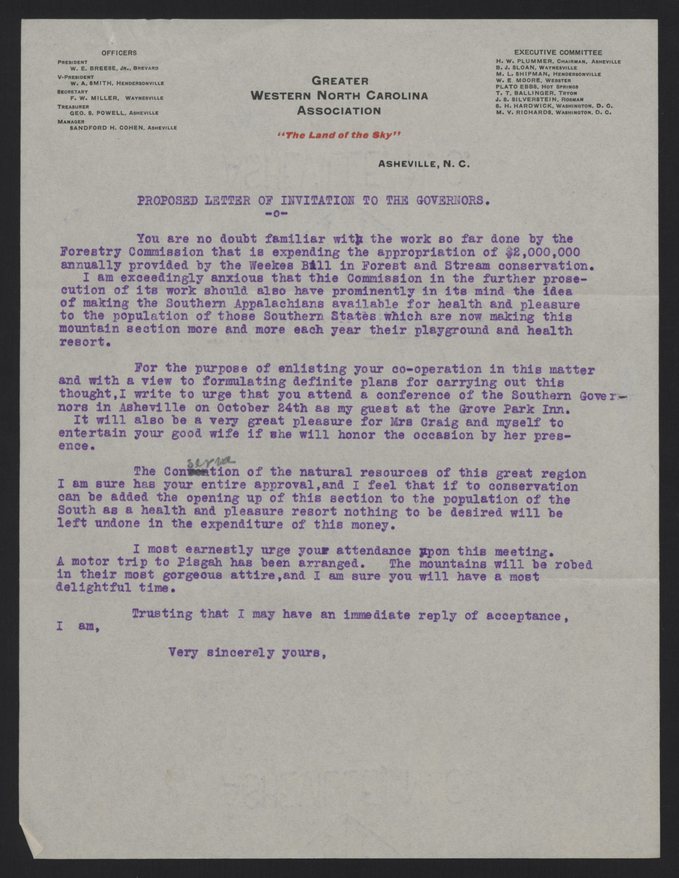 Draft of Proposed Letter of Invitation to Governors by the Greater Western North Carolina Association, circa 13 October 1913