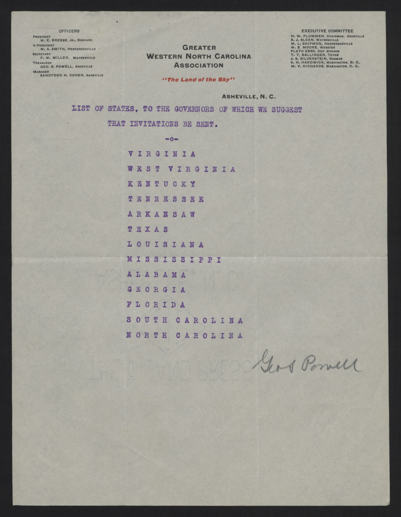 Draft of Proposed Letter of Invitation to Governors by the Greater Western North Carolina Association, circa 13 October 1913, page 2
