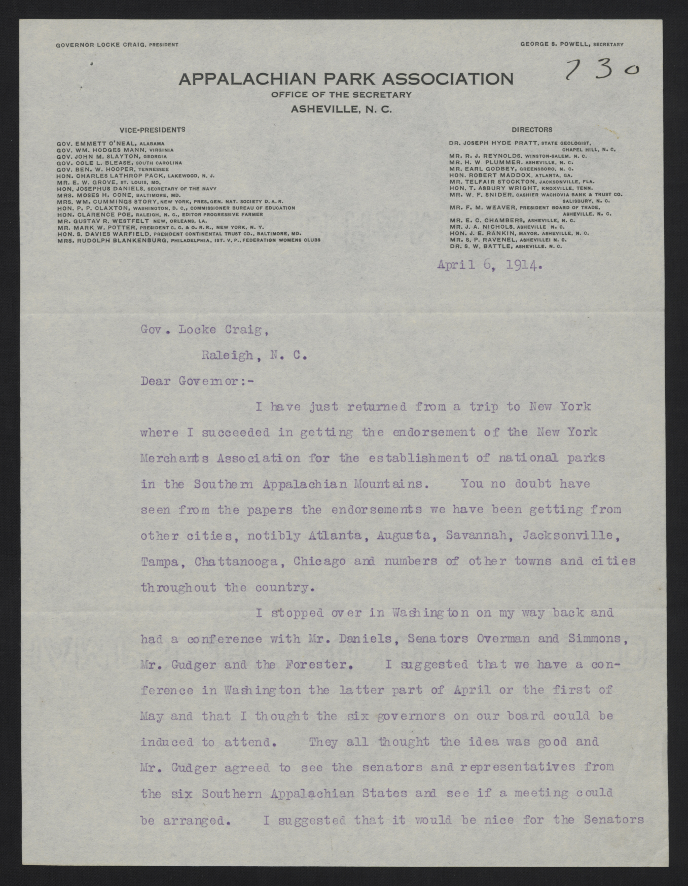 Letter from Powell to Craig, April 6, 1914, page 1