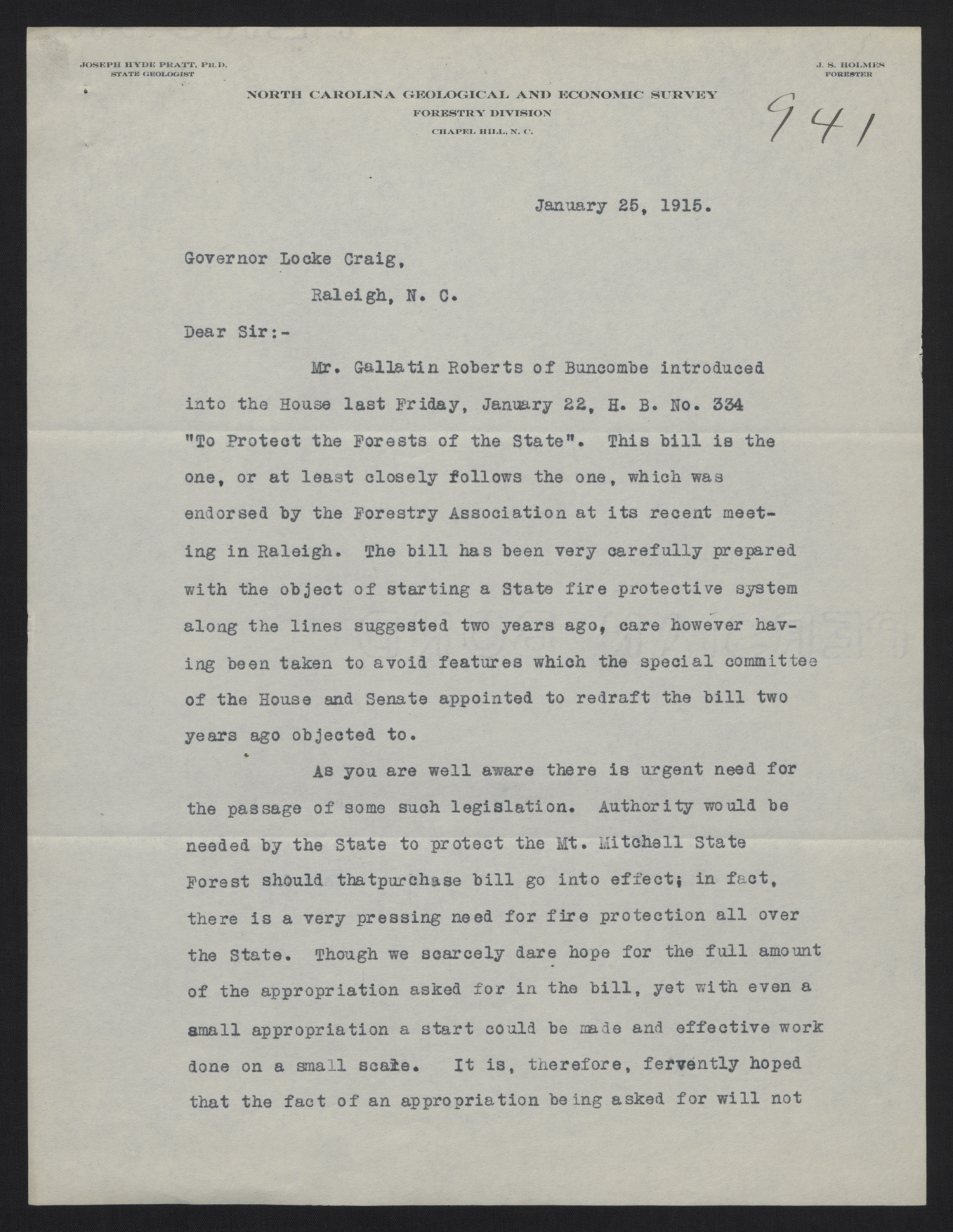 Letter from Holmes to Craig, January 25, 1915, page 1