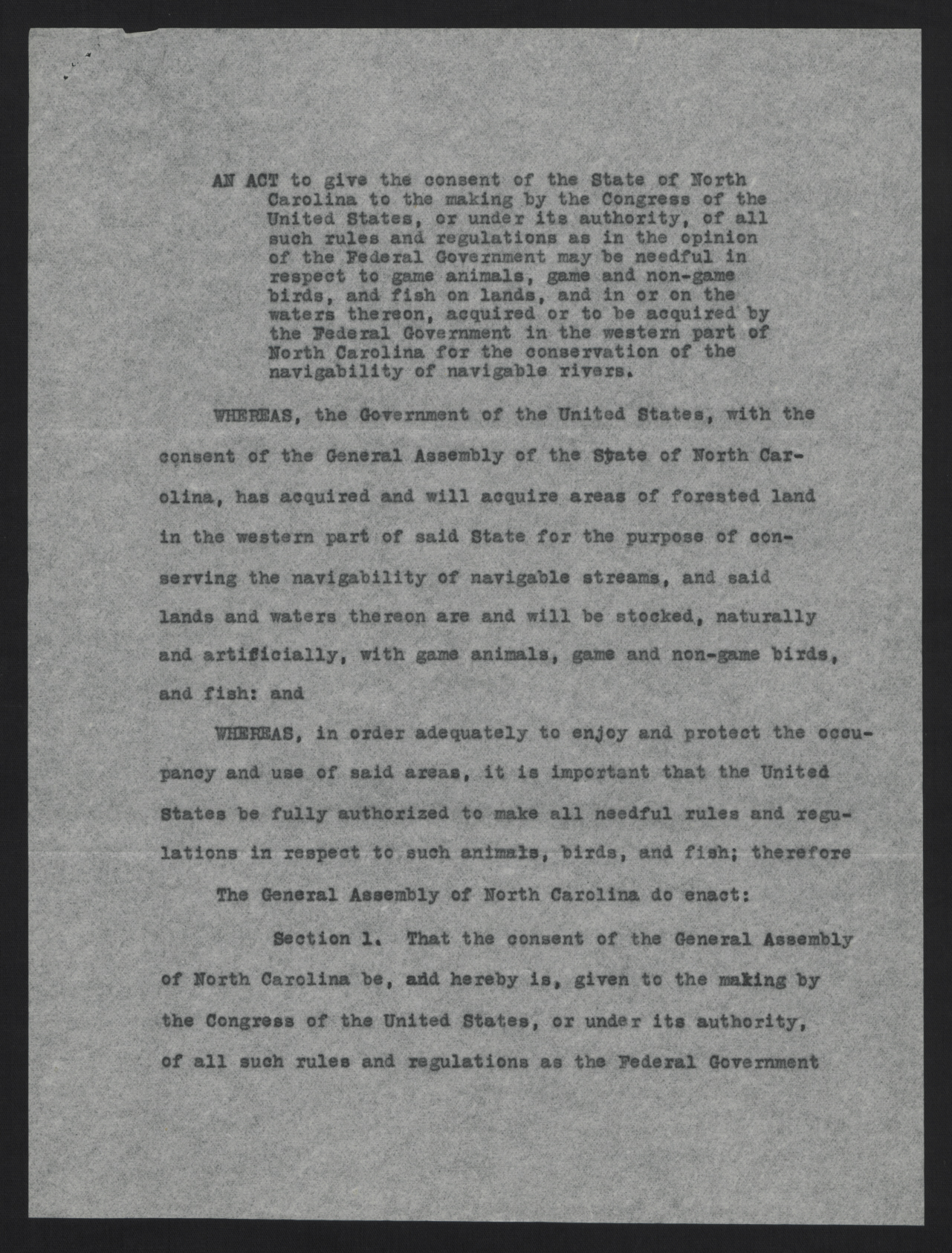 Proposed Act of the North Carolina General Assembly, circa January 1915, page 1