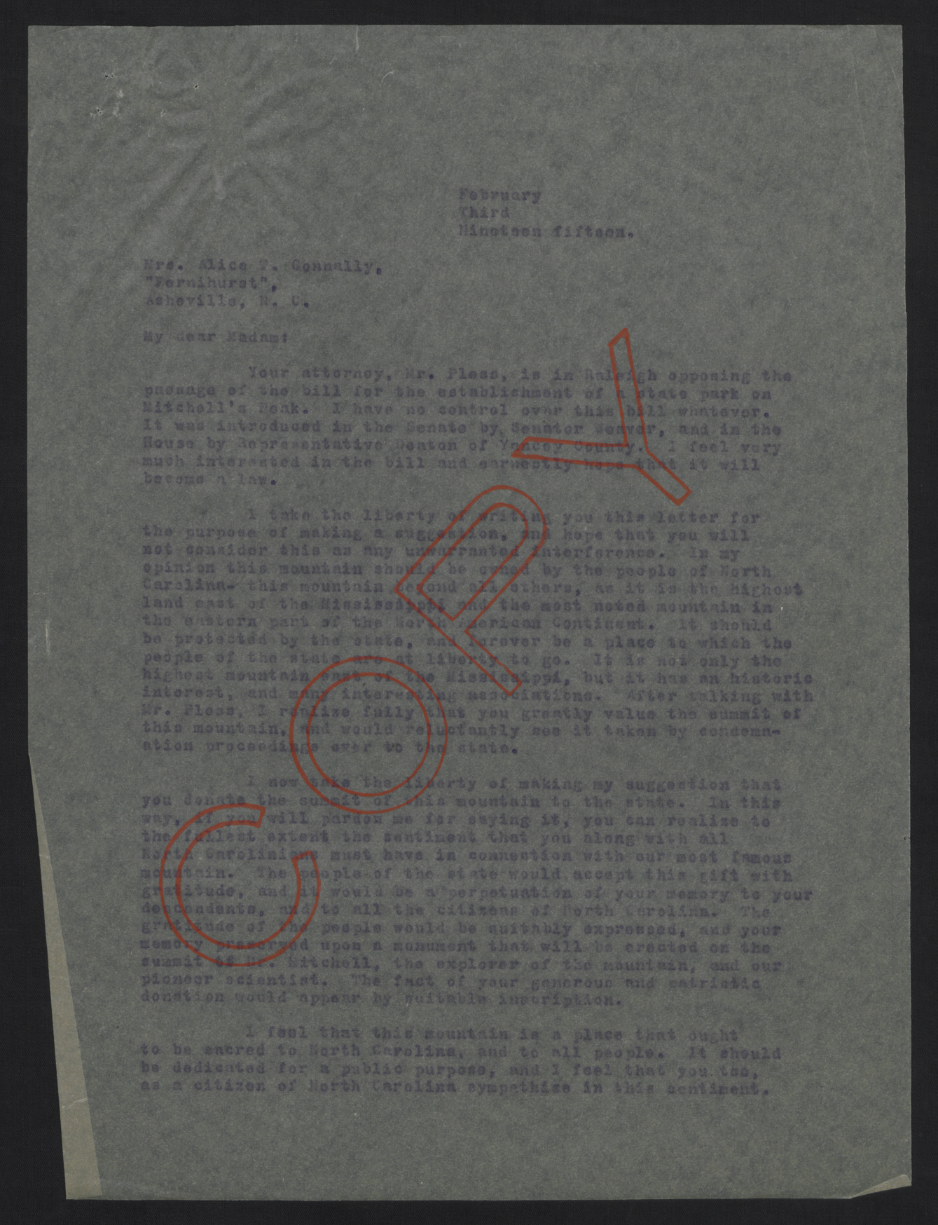 Letter from Craig to Connally, February 3, 1915, page 1